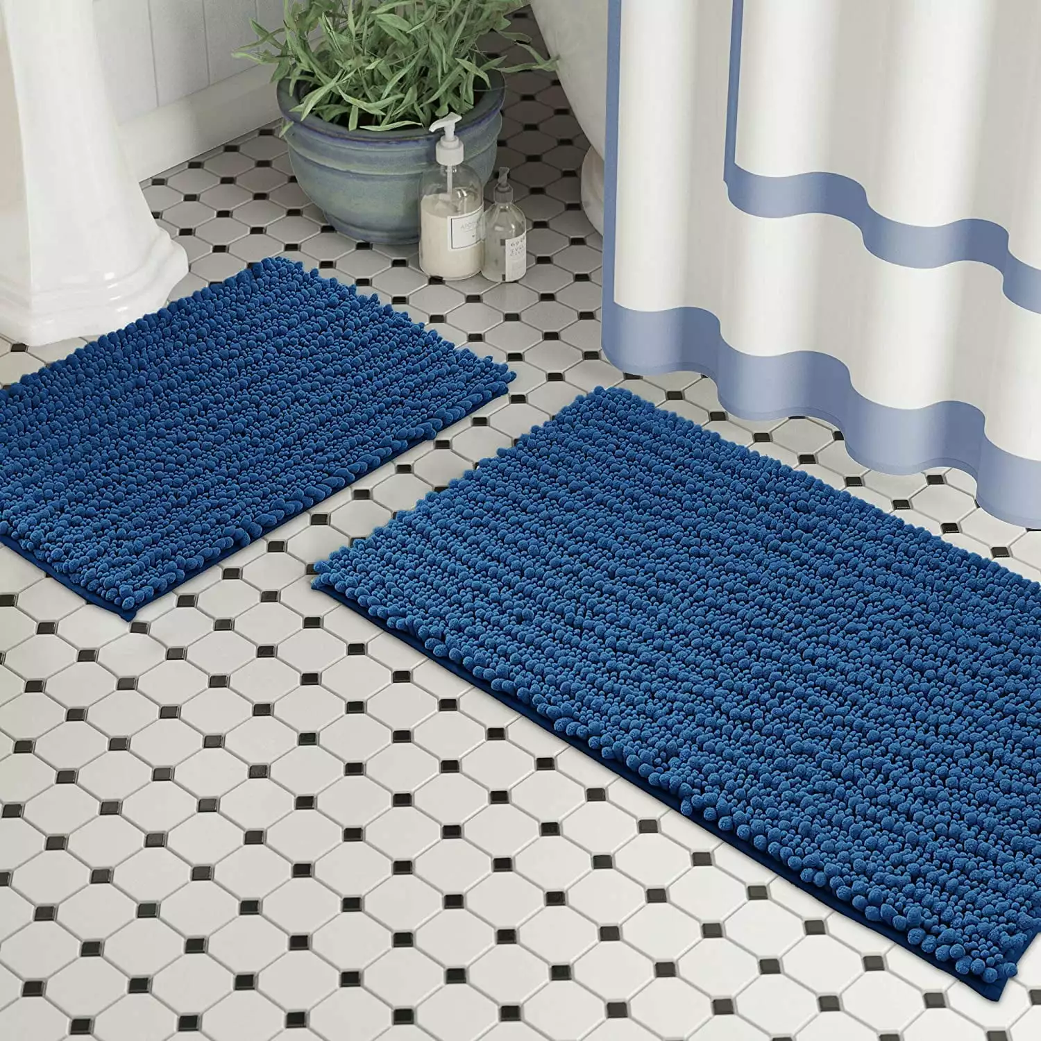 Zebrux Non Slip Thick Shaggy Chenille Bathroom Rugs. Bath Mats for Bathroom Extra Soft and Absorbent - Striped Bath Rugs Set for Indoor/Kitchen (15 x 24 + 20 x 30''.Blue)