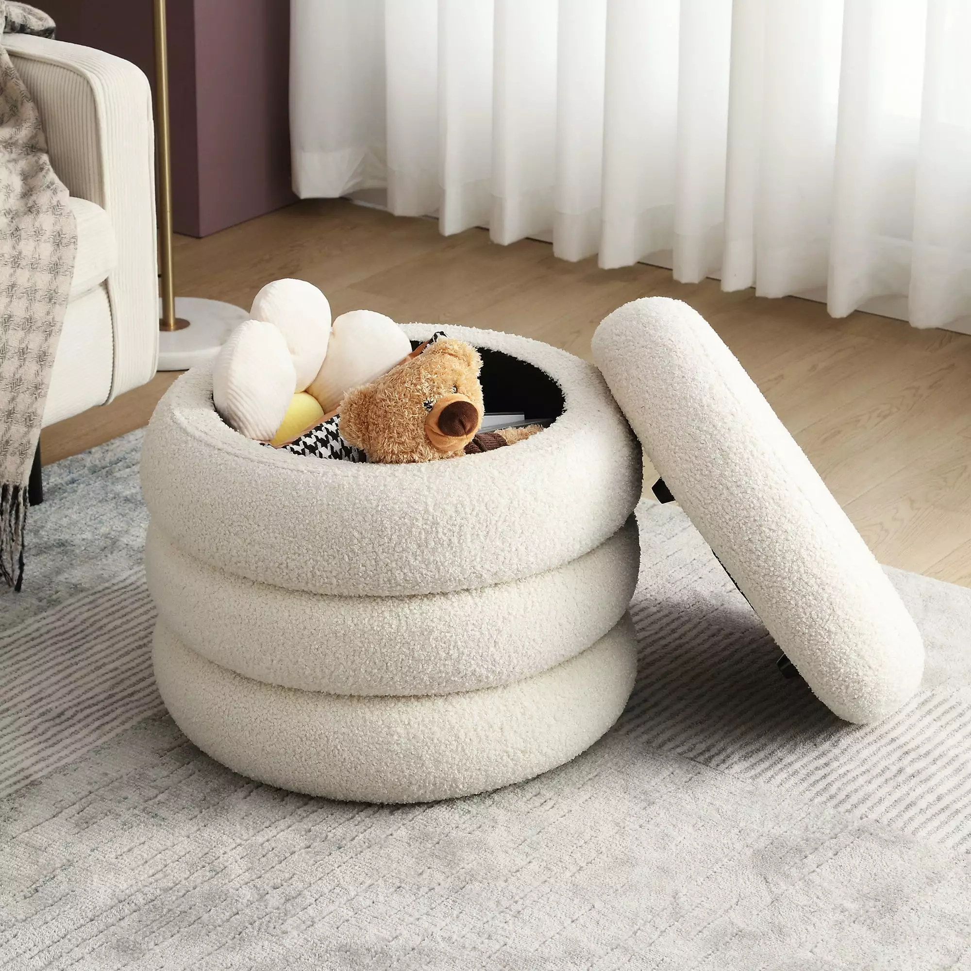 Zesthouse 20.1?? Wide Boucle Round Pouf Ottoman with Storage. Sherpa Fabric Vanity Stool. Modern Upholstered Ottoman for Makeup Room Living Room Bedroom. White