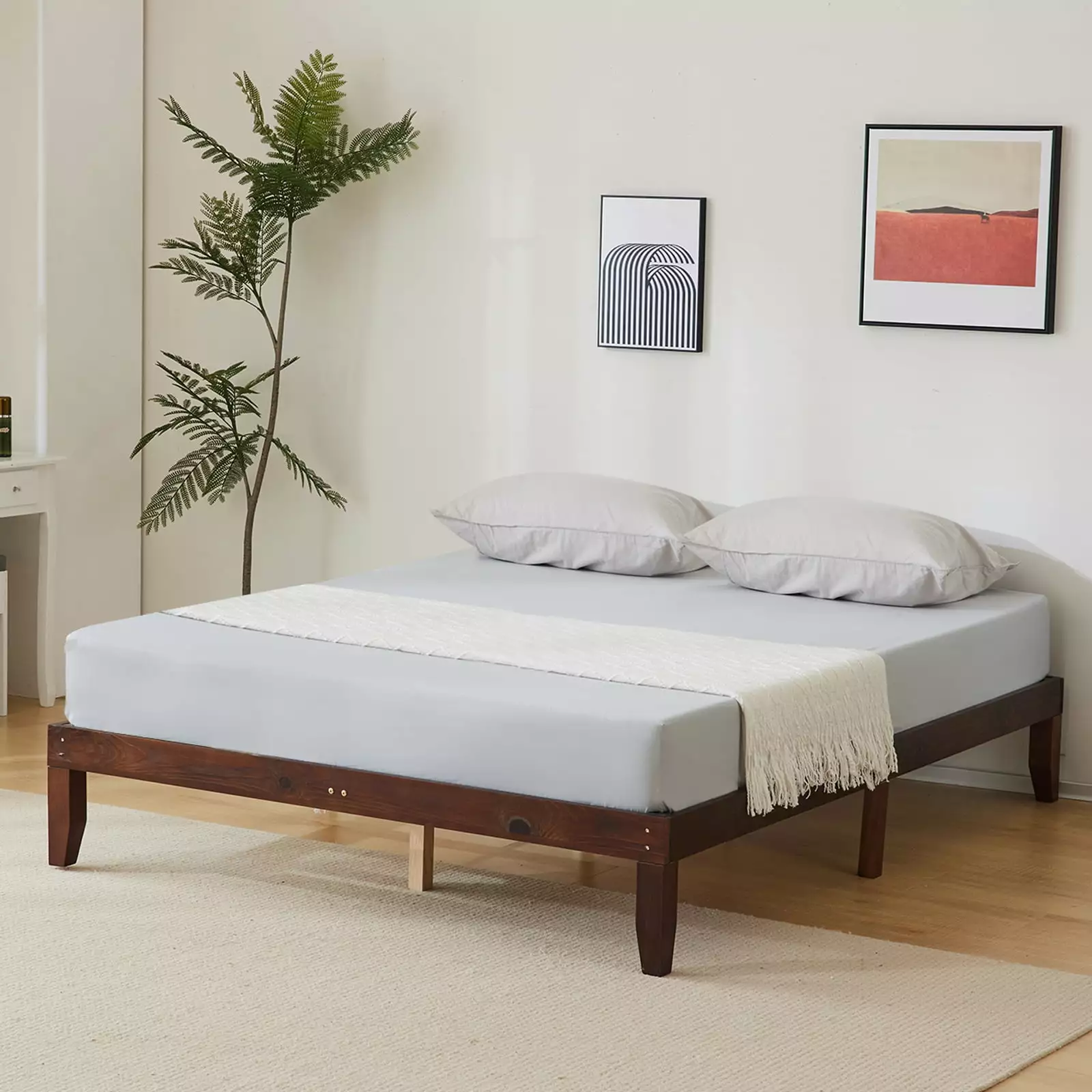 Zimtown 12 Solid Wood Platform Bed with Wooden Slats. Queen. Natural Pine. Antique Espresso