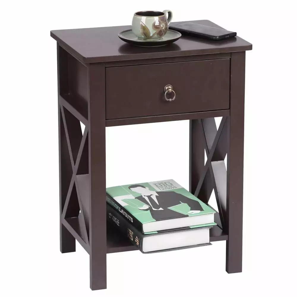 Zimtown Brown Bedside Nightstand End Sofa Table with Drawer and Shelf for Storage