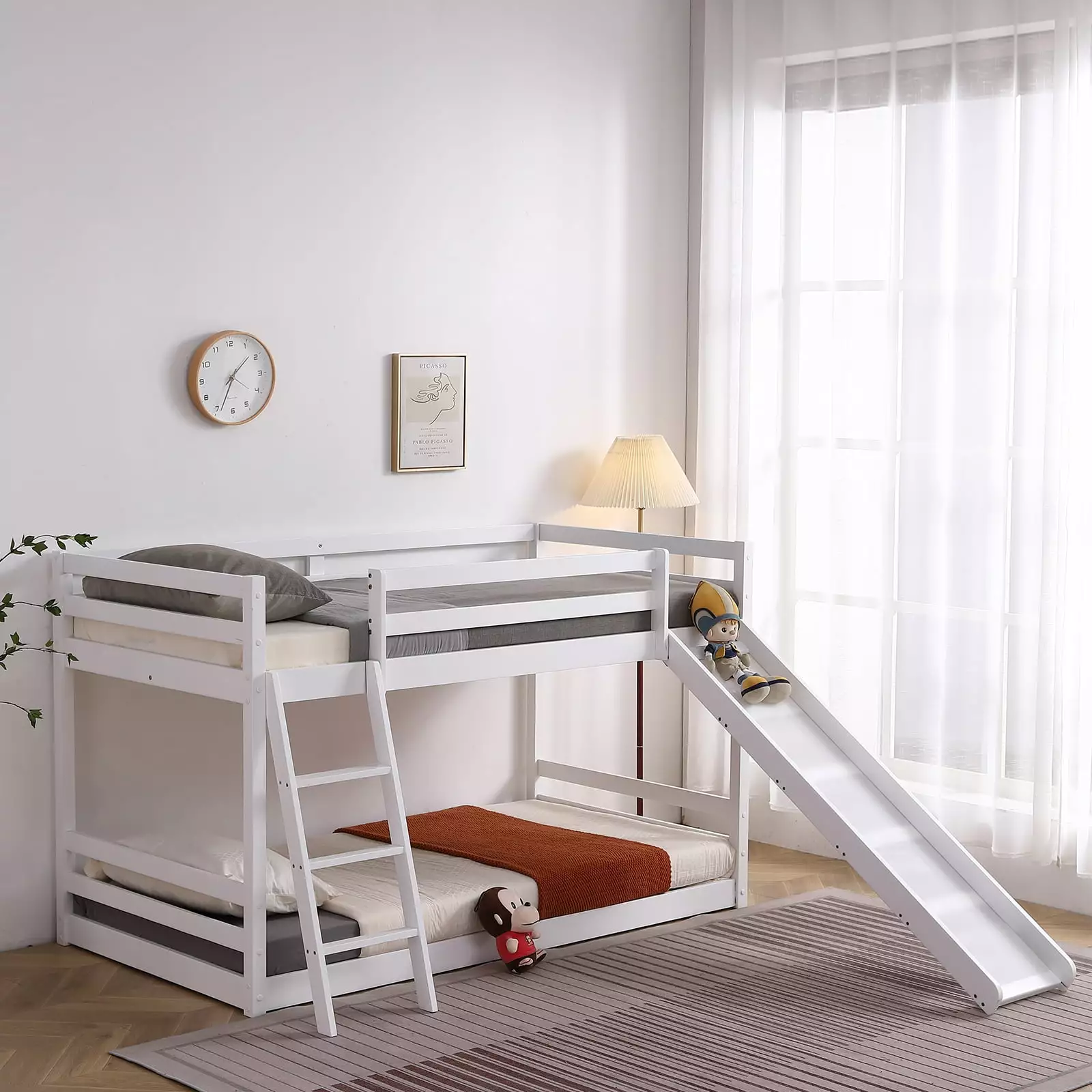 Zimtown Bunk Bed Twin Over Twin.Kids Low Floor Bunk Bed with Slide for Children Boys Girls Dormitory Bedroom.No Box Spring Needed.White