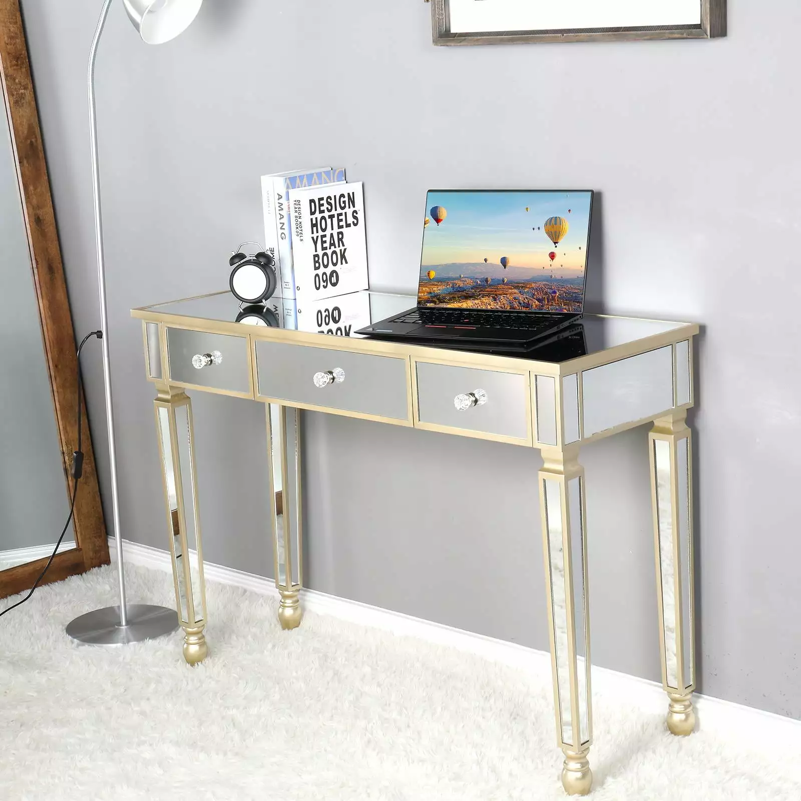 Zimtown Mirrored Console Table Vanity Table Makeup Dressing Table with 3 Drawers Modern Writing Desk for Bedroom Bathroom Home Office