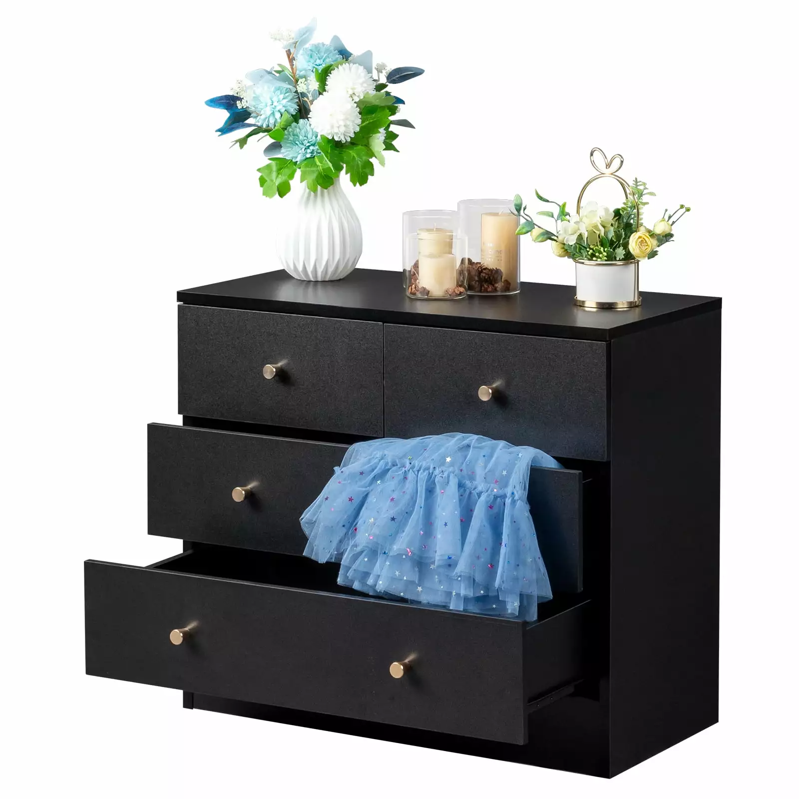 Zimtown Modern Wood 4-Drawer Dresser Chest Bedside Table. Wood Chest of Drawers Storage Cabinet for Bedroom. Living Room.Black