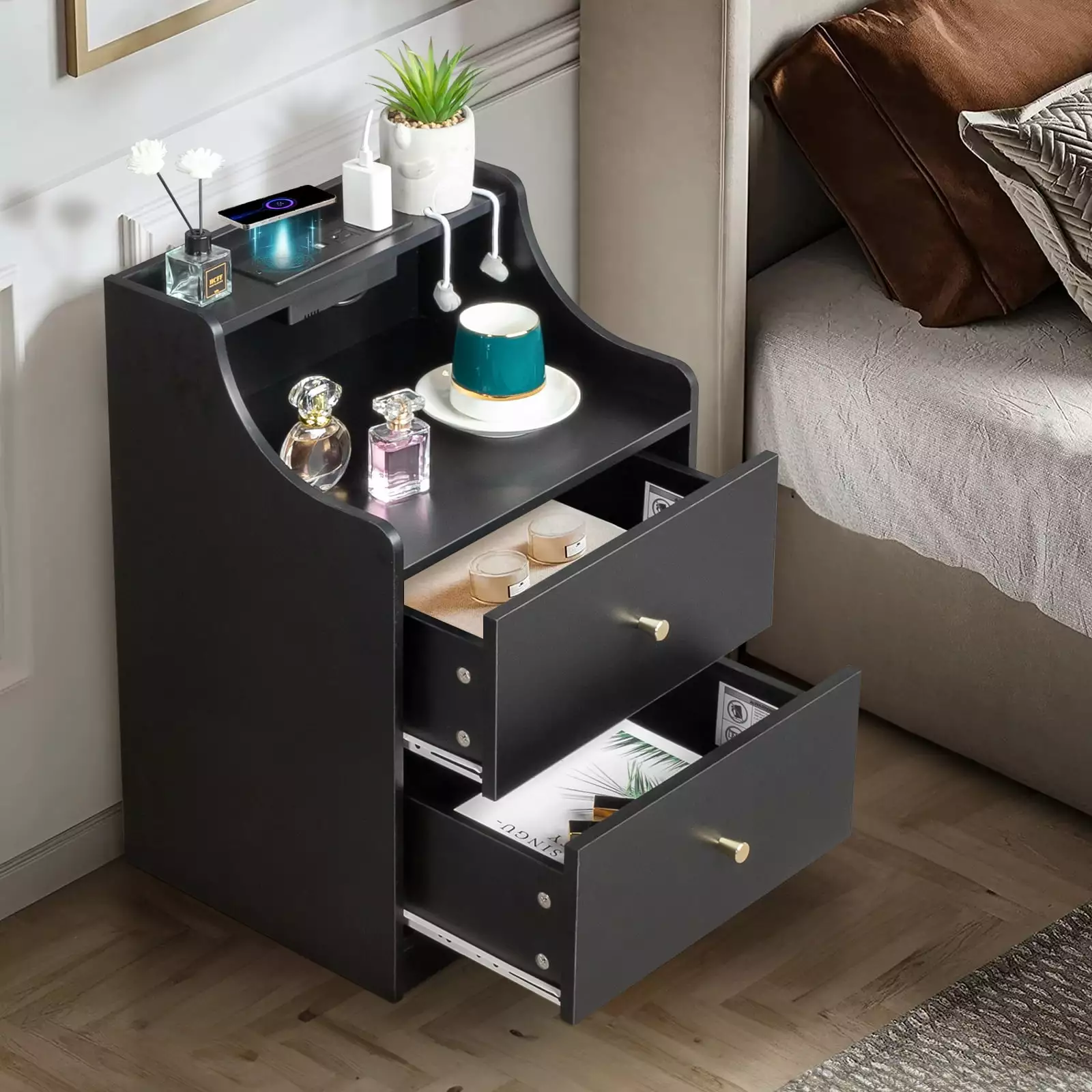 Zimtown Nightstand with Wireless Charging Station 2-Drawers Bedside Table Wooden with USB Ports and AC Outlets. Black