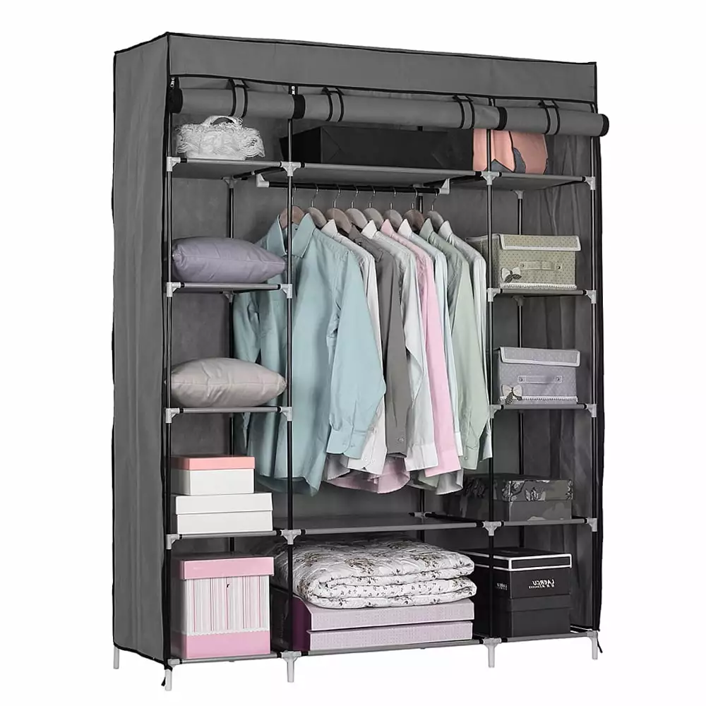 Zimtown Home Portable Closet Storage Organizer Wardrobe Clothes Shelves Metal Frame. Gray with Cover