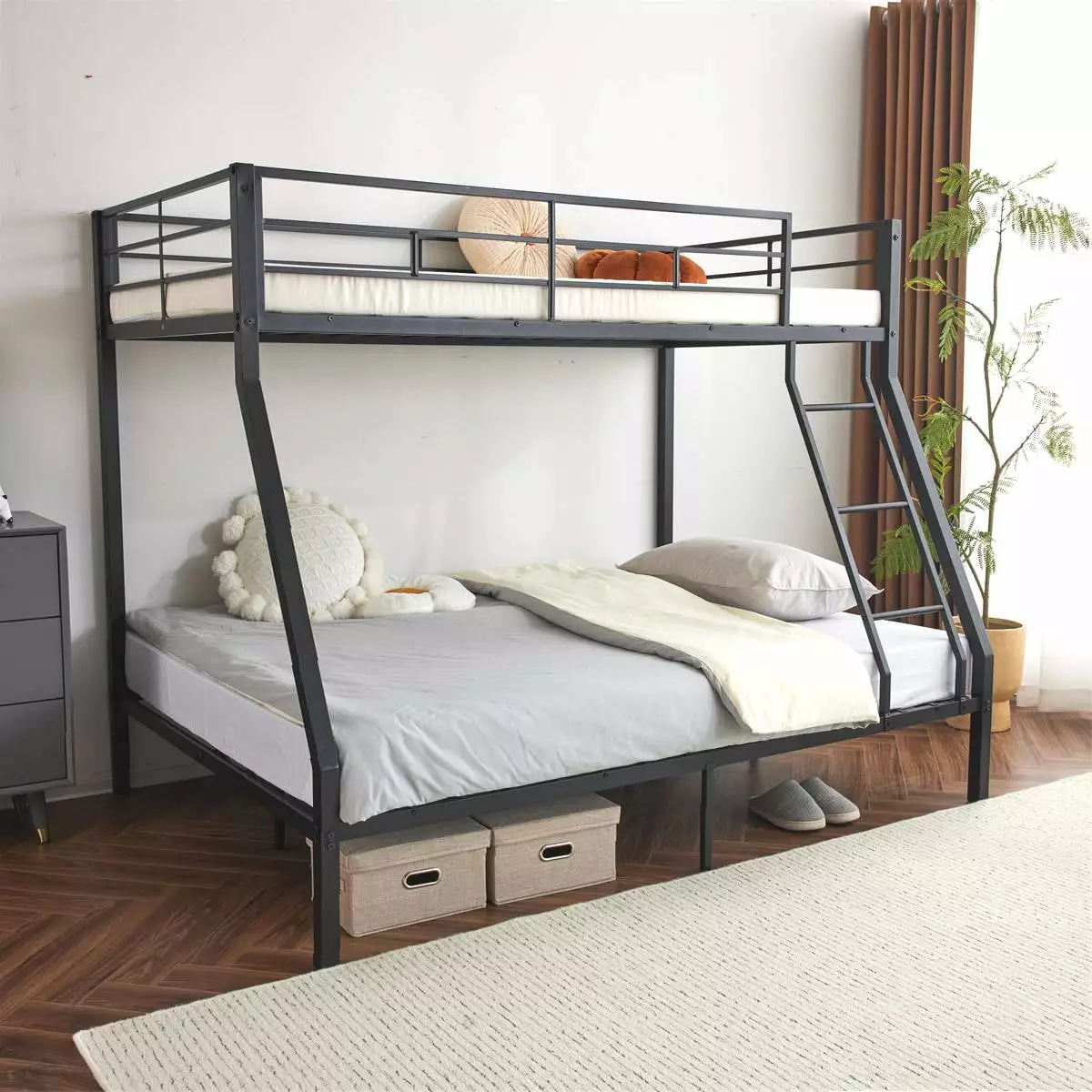 Zimtown Twin Over Full Bunk Bed. Heavy-duty Metal Bunk Beds. Dorm Room Bed Frame. Space-saving Twin Bed Frame for Kids Boys Girls Teens. No Spring Box Need. Black