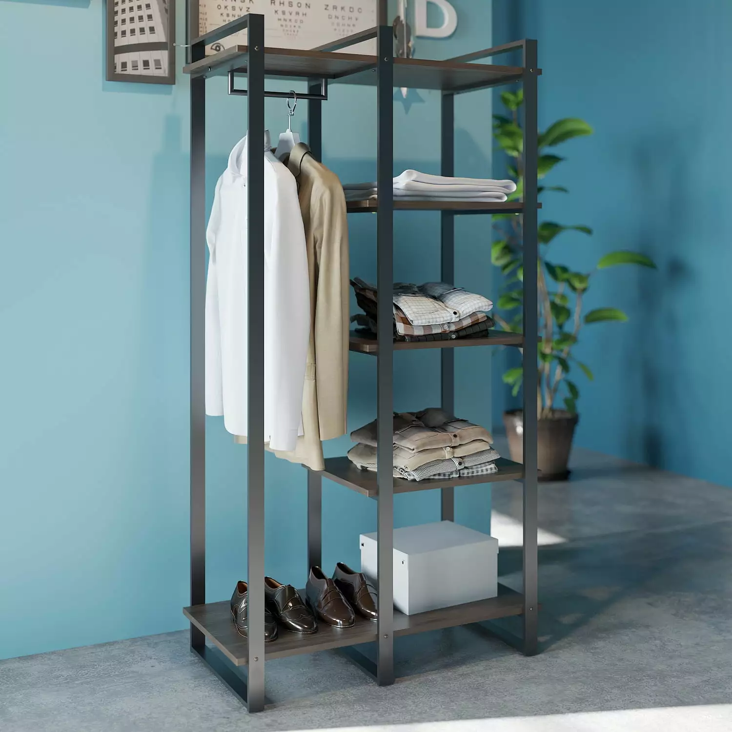 Zinus Brock 64 4-Shelf Bookcase with Hanging Storage. Acacia Wood and Metal Frame