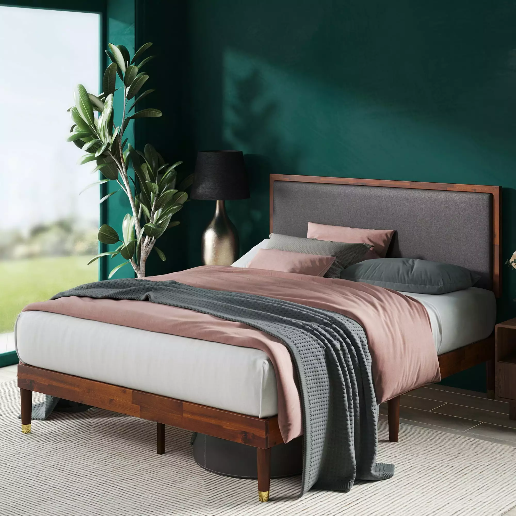 Zinus Raymond 38 Wood Platform Bed Frame with Adjustable Upholstered Headboard. Queen