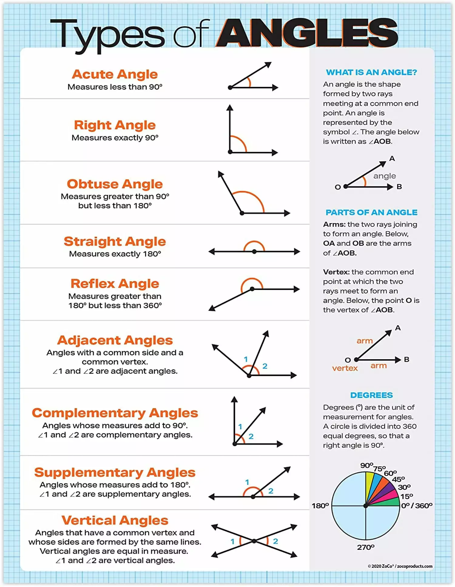 Zoco Types of Angles Geometry Laminated Poster for Kid's Room and Teacher's classroom. 17 in by 22 in.