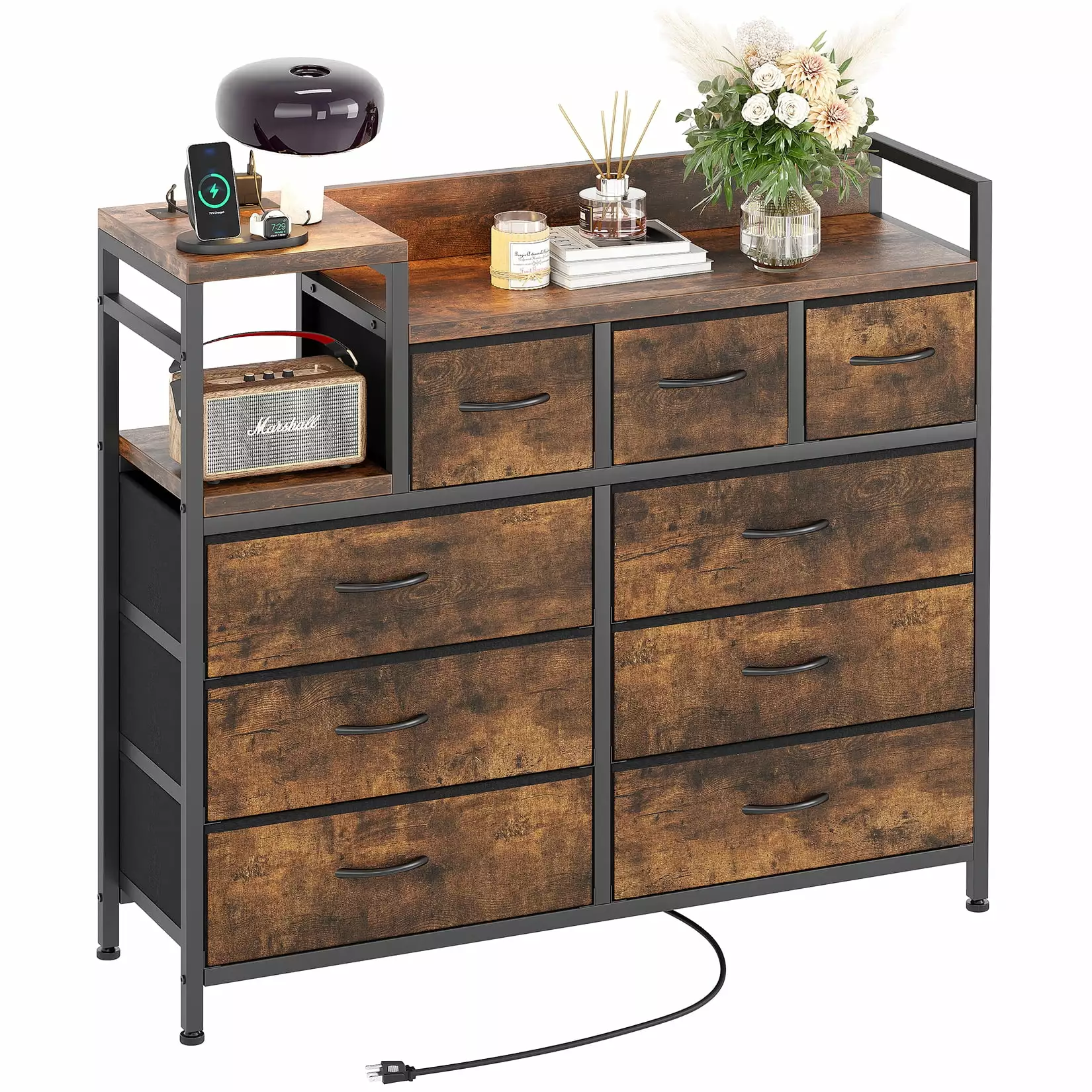 Zzistar 9 Drawers Dresser with Power Outlet .Wood Dresser Chest of Drawers for Living Room.Hallway