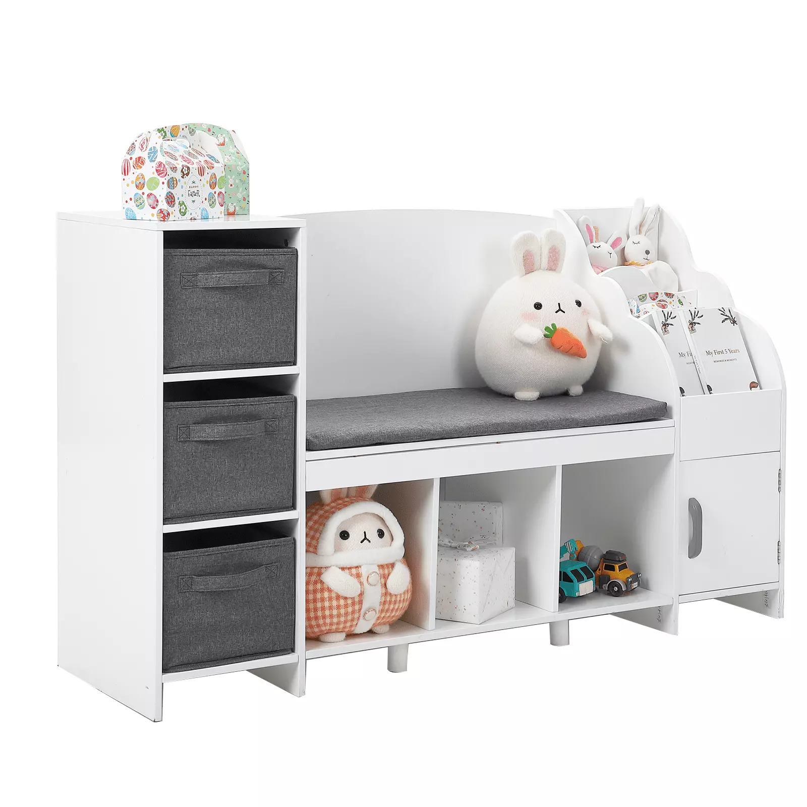 Zzistar Kids Bookshelf with Reading Nook and Detachable Cushion. Small Bookcase Storage Organizer with Book Rack and 3 Fabric Storage Basket