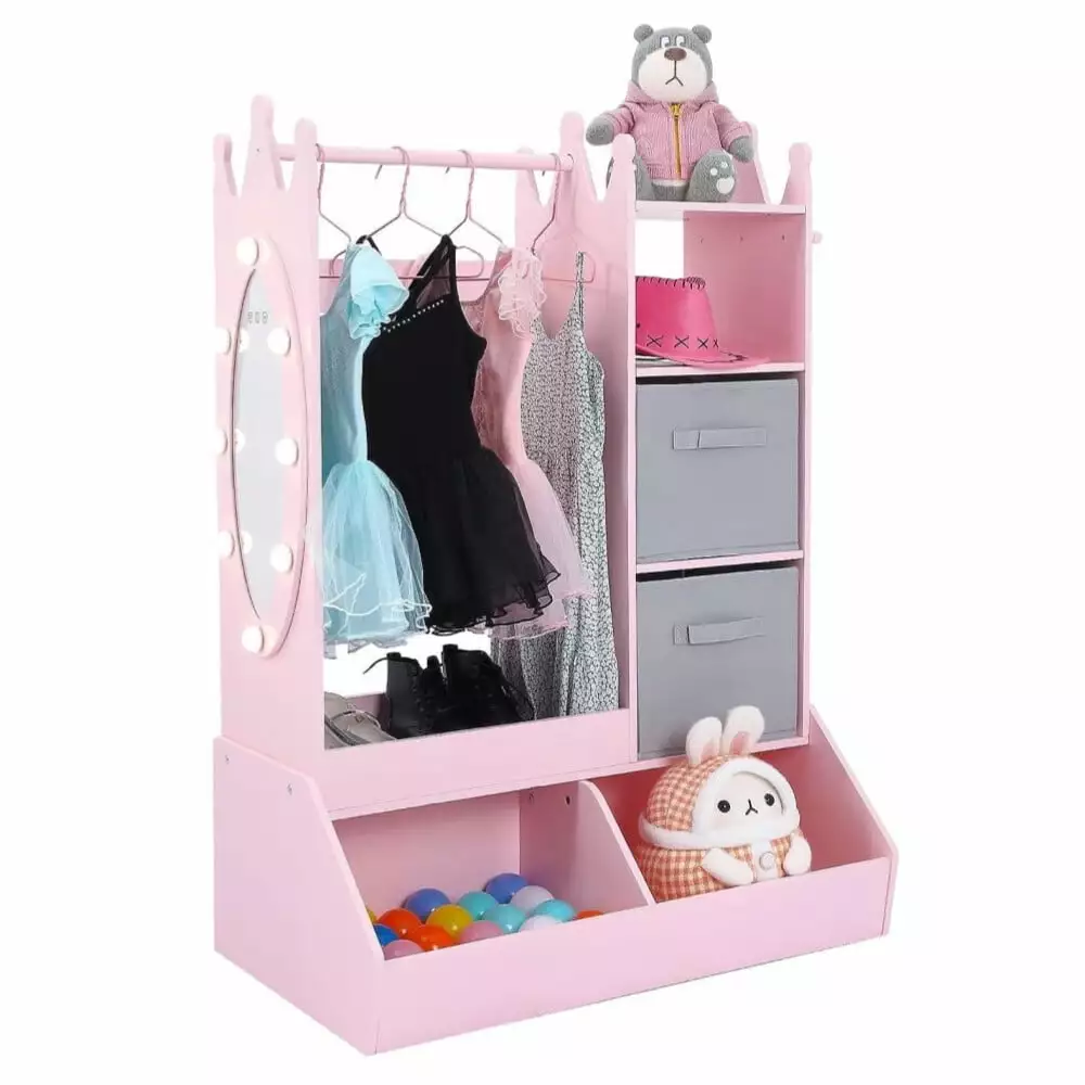 Zzistar Kids Dress up Storage Rack with Mirror & Light. Kids Armoire Dresser Clothing Rack with Storage Bin and 2 Fabric Drawer