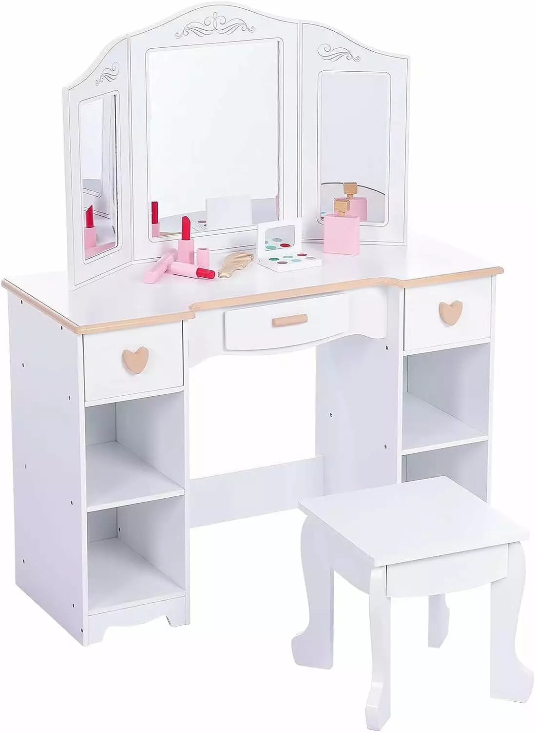 Zzistar Kids Vanity Table and Stool Set. Makeup Desk with Tri-Folding Detachable Mirror and 3 Drawers. Wood Dressing Table with Square Chair