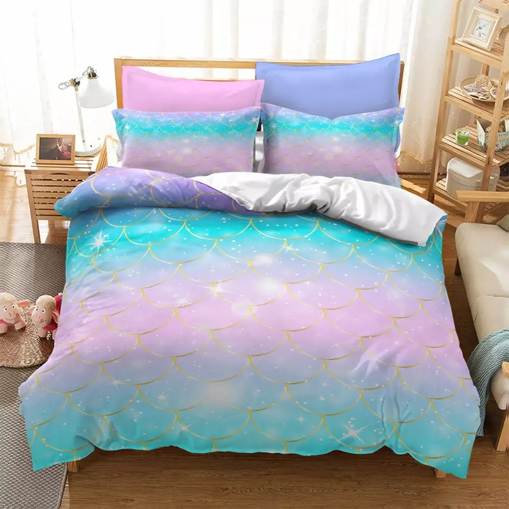 The Mermaid Abstract Twin Bedding Sets for Girls 2 Piece Duvet Cover Pink Mint Green Modern Bedding Kids Abstract Comforter Cover with Pillowcases (Twin)