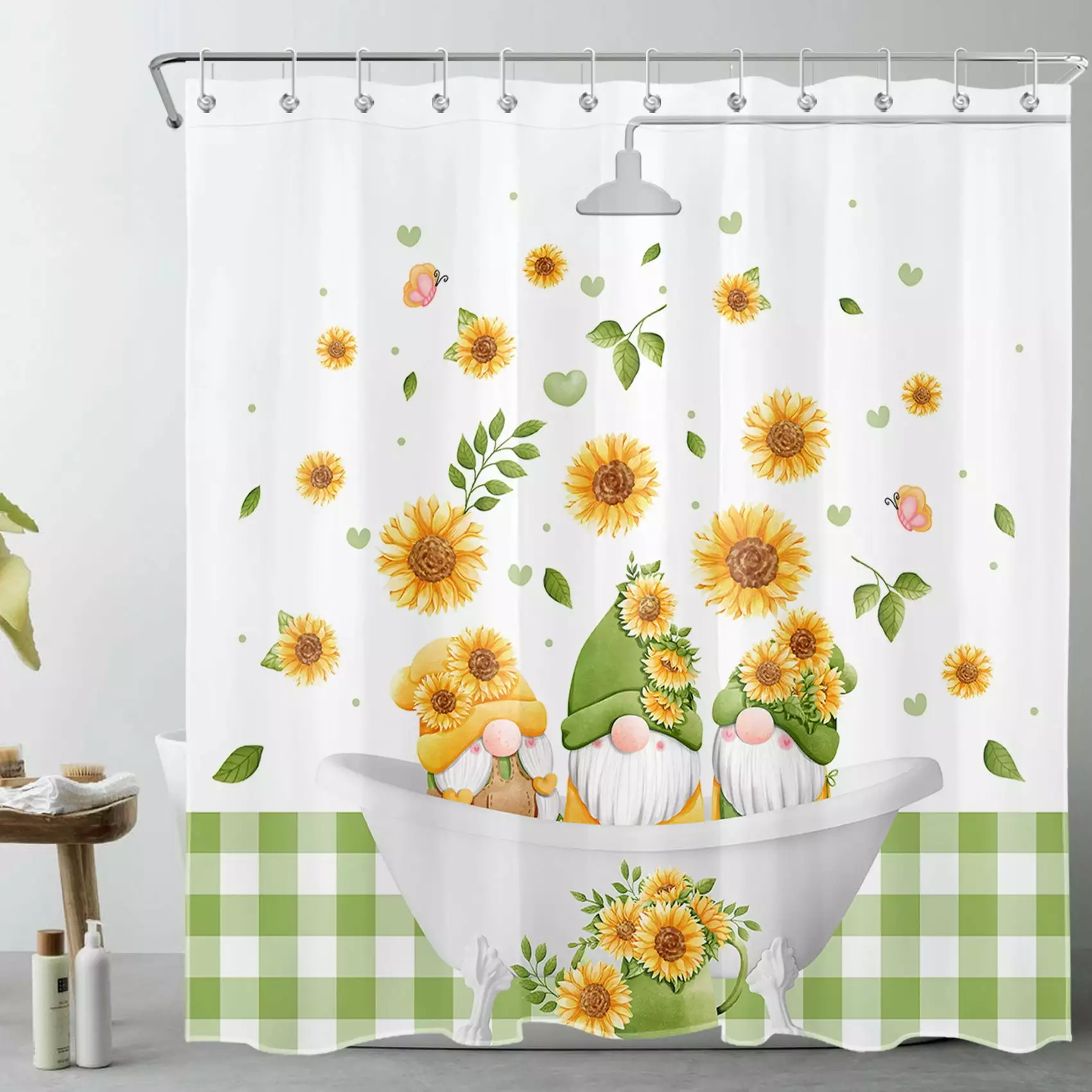 Yellow Sunflower Shower Curtain for Bathroom.Funny Gnome in Modern White Bathtub Sage Green White Plaid Background Fabric Shower Curtain with Hooks.Spring Bathroom Curtains Shower Set. 69x70 inches