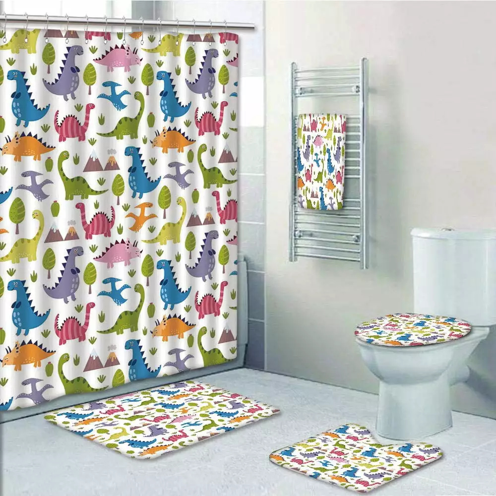 PRTAU Kids Cartoon Colorful Lovely Dinosaurs T Rex Triceratops Prehistoric Reptile Wildlife 5 Piece Bathroom Set Shower Curtain Bath Towel Bath Rug Contour Mat and Toilet Lid Cover