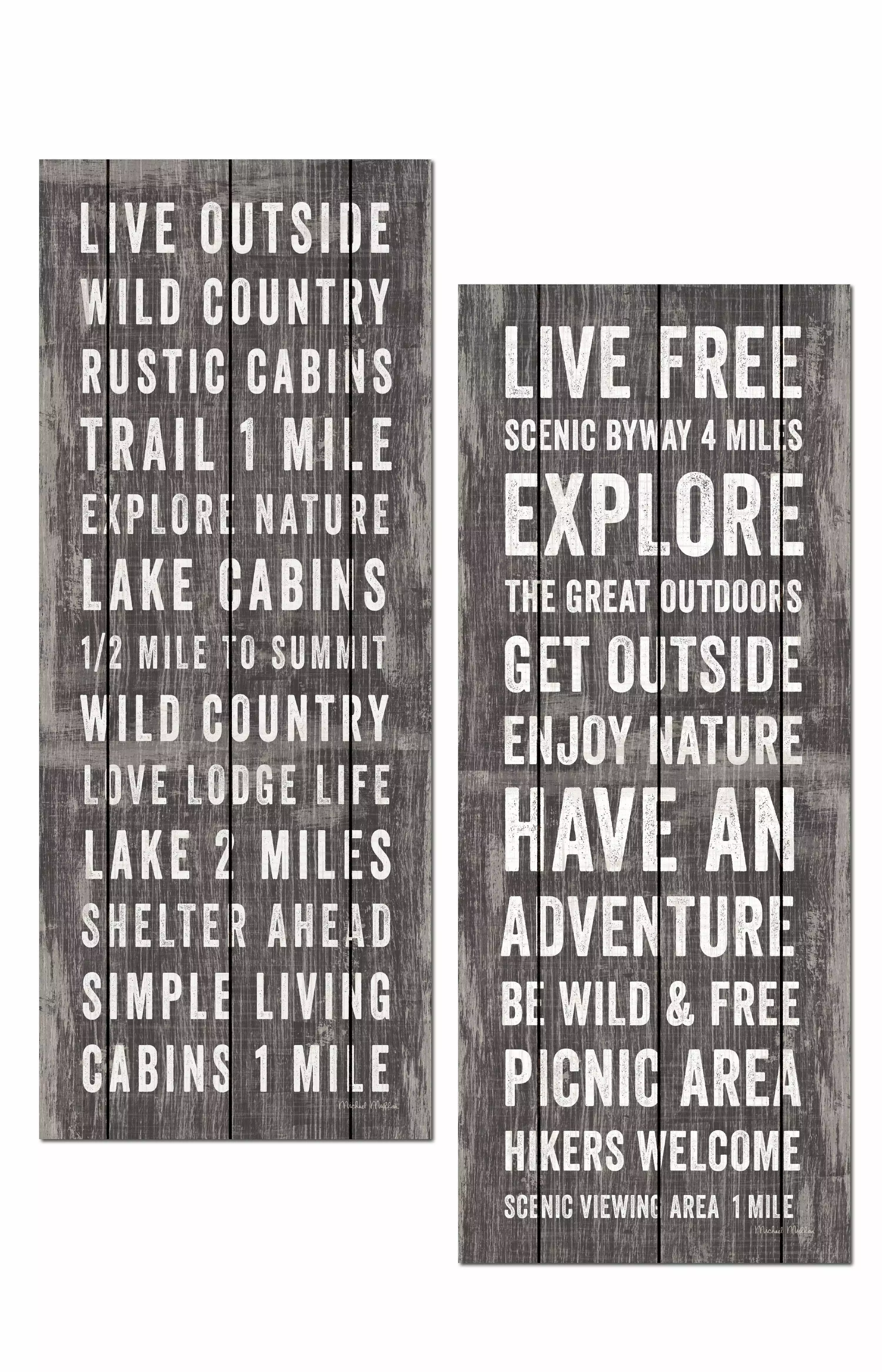 Rustic Cabin Distance Typography Live Outside and Live Free Panel Set by Michael Mullan; Lodge Decor; Two 8x20in Unframed Paper Posters (Printed on Paper. Not Wood). Brown-Grey/Cream