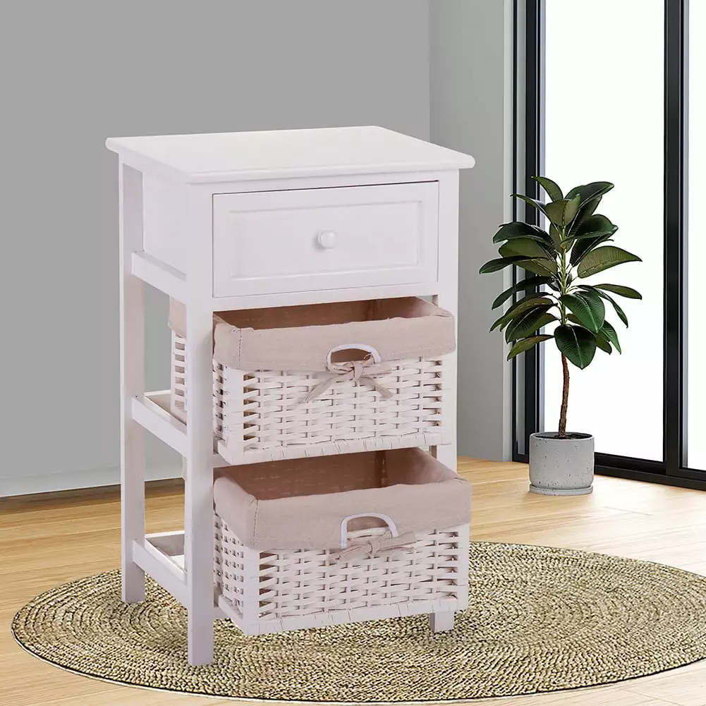 Canddidliike 3 Drawer Chest Small Dressers White Rattan Fabric Nightstands with Wood Frame for Bedroom Bedside Furniture