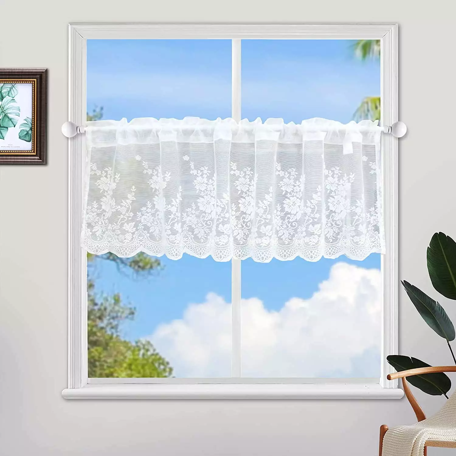 Flower White Valances Pastoral Embroidery Lace Valance Semi Sheer Lace Cafe Short Curtains for Bedroom Kitchen Decor Elegant Flower Leaves Kitchen Curtain W54 X L35