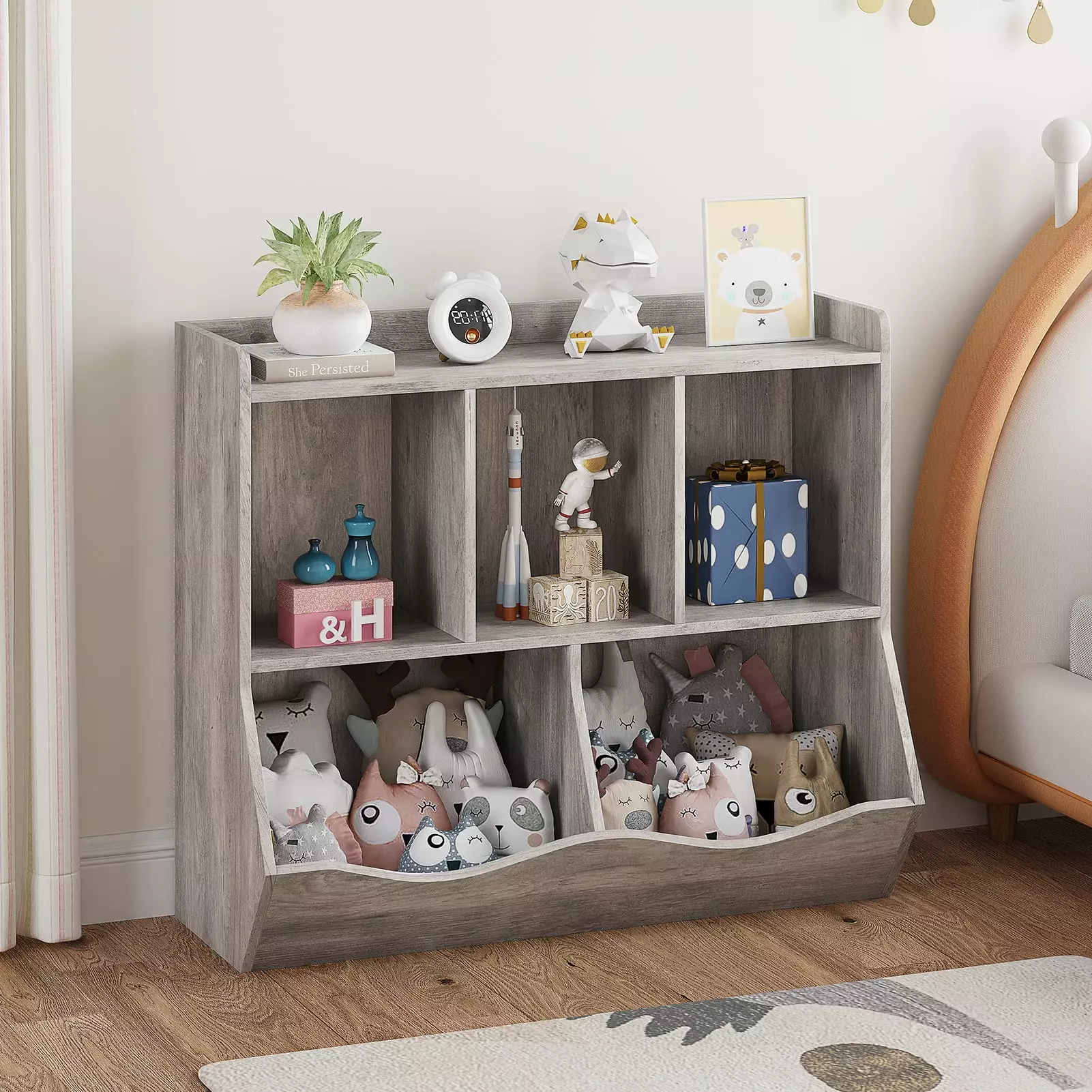 Kids Bookshelf Wooden Bookcase Toys Storage Organizer Cabinet for Boys Girls. Multi Shelf 5 Cube Toys Storage Box for Children Playroom Hallway Kindergarten School. Grey