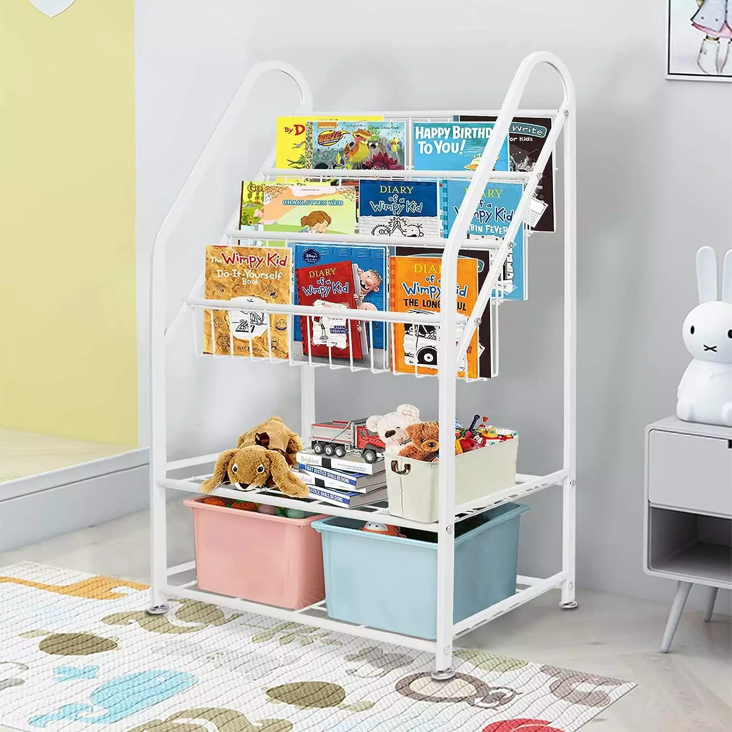 aboxoo Metal Kids Bookshelf Freestanding for Children Room 25 inches Toddler Bookcase Toy Organizer White Stable Bookcase Bookstore Library Book Unit Storage for Small Place