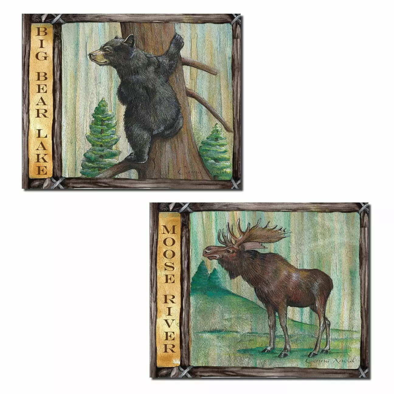 Gango Home Decor Rustic Green and Brown Moose and Bear Adult Lodge Decor; 2-14x11 Unframed Prints