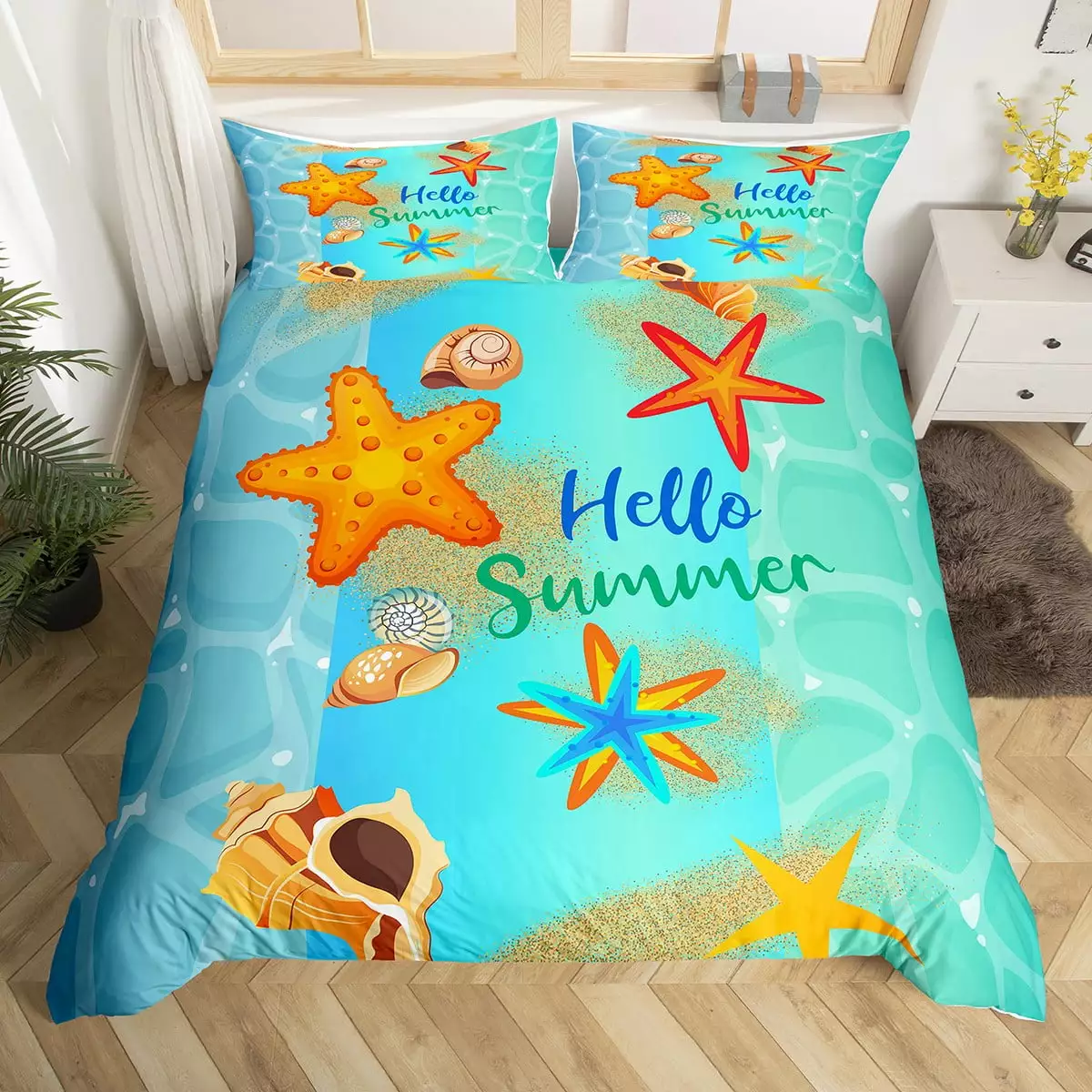 YST Beach Duvet Cover Twin Cute Beach Theme Bedding Set for Kids Boys Girls. Kawaii Starfish Comforter Cover Sea Conch Bed Set. Teal Marine Bedding Ocean Bedroom Decor 2pcs (No Comforter)