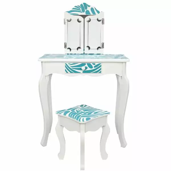 Fithood FCH Three-Fold Mirror Single-Drawing Curved Foot Children Dressing Table Blue Zebra