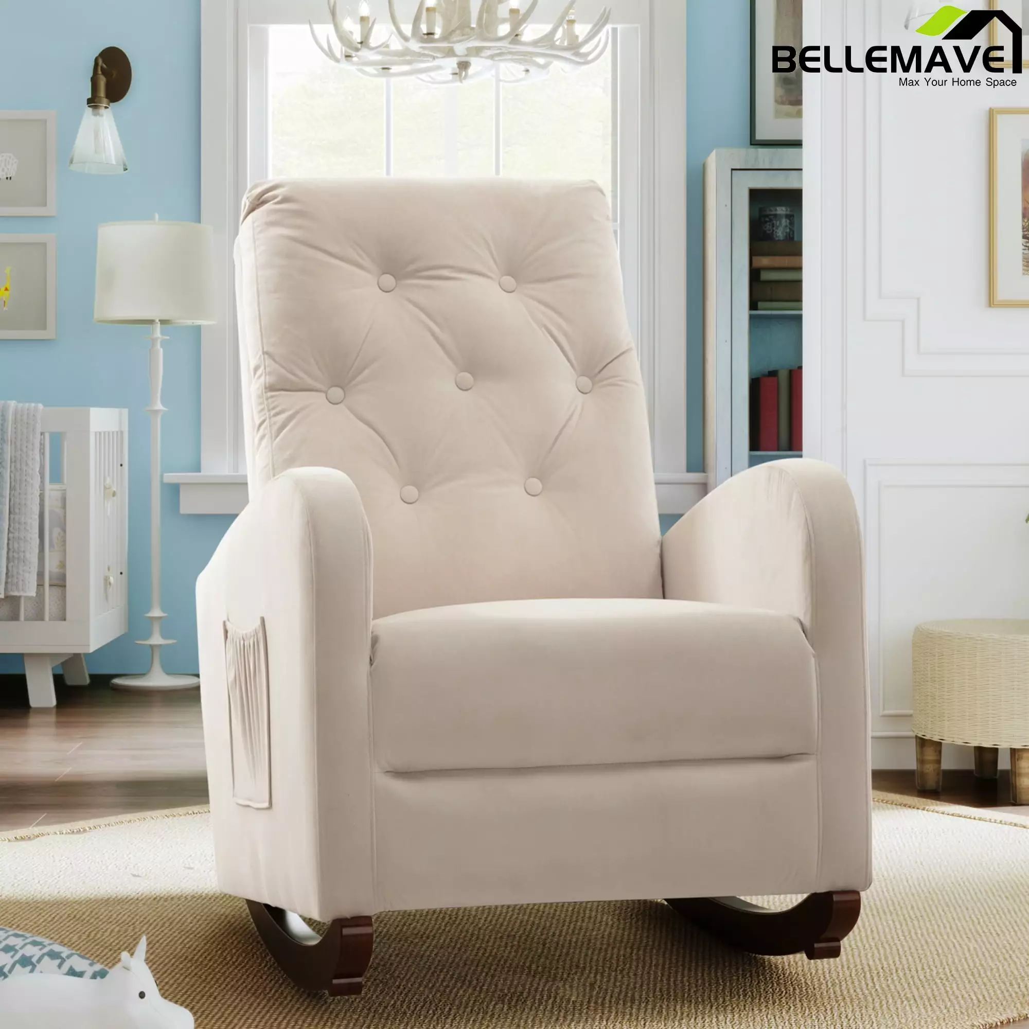 Bellemave Living Room High Back Rocking Chair Nursery Chair. Comfortable Rocker Fabric Padded Seat. Modern High Back Armchair. Upholstered Rocking Chair. (Beige.Velvet)