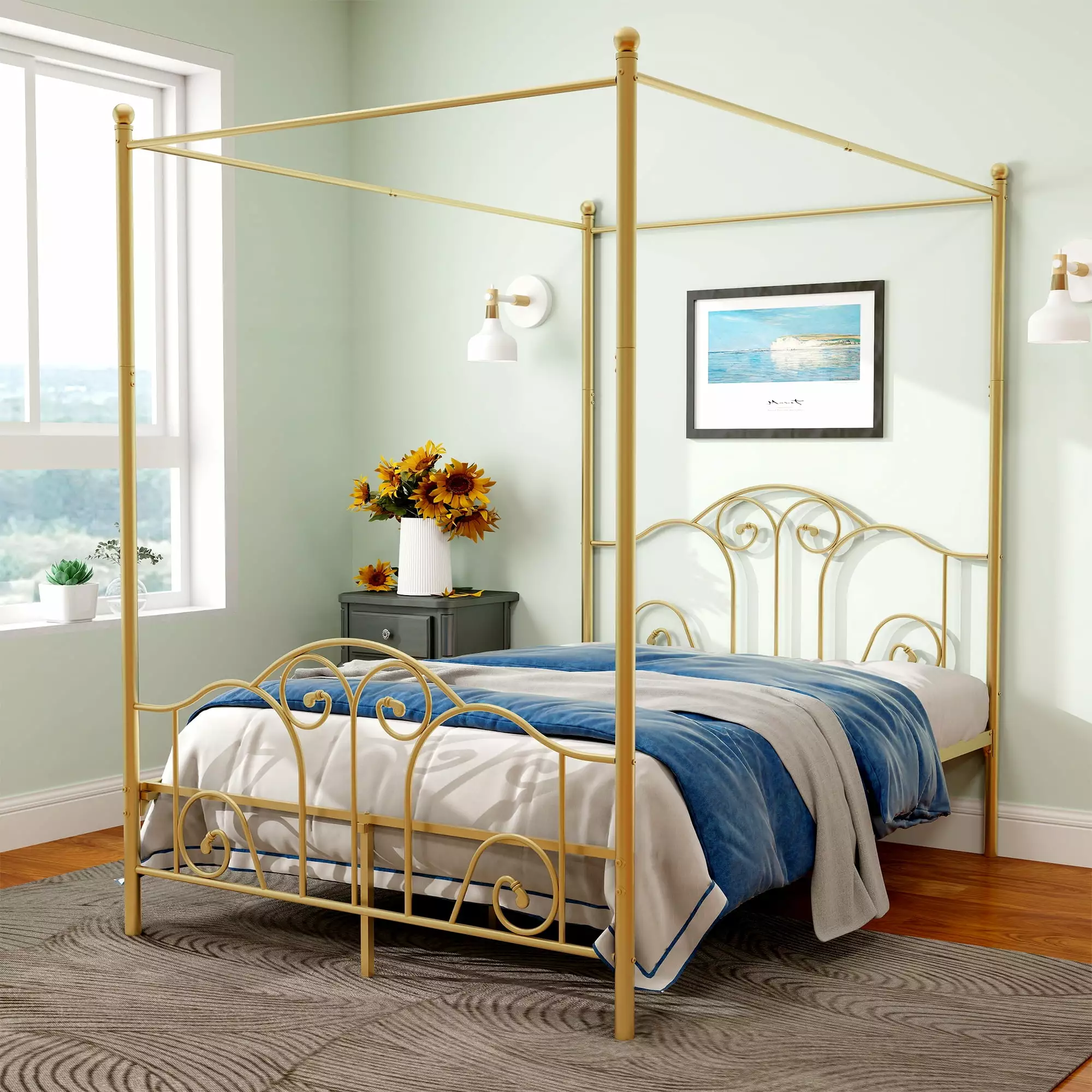 alazyhome Full Size Canopy Metal Bed Frame. Metal Slat Support. Gold