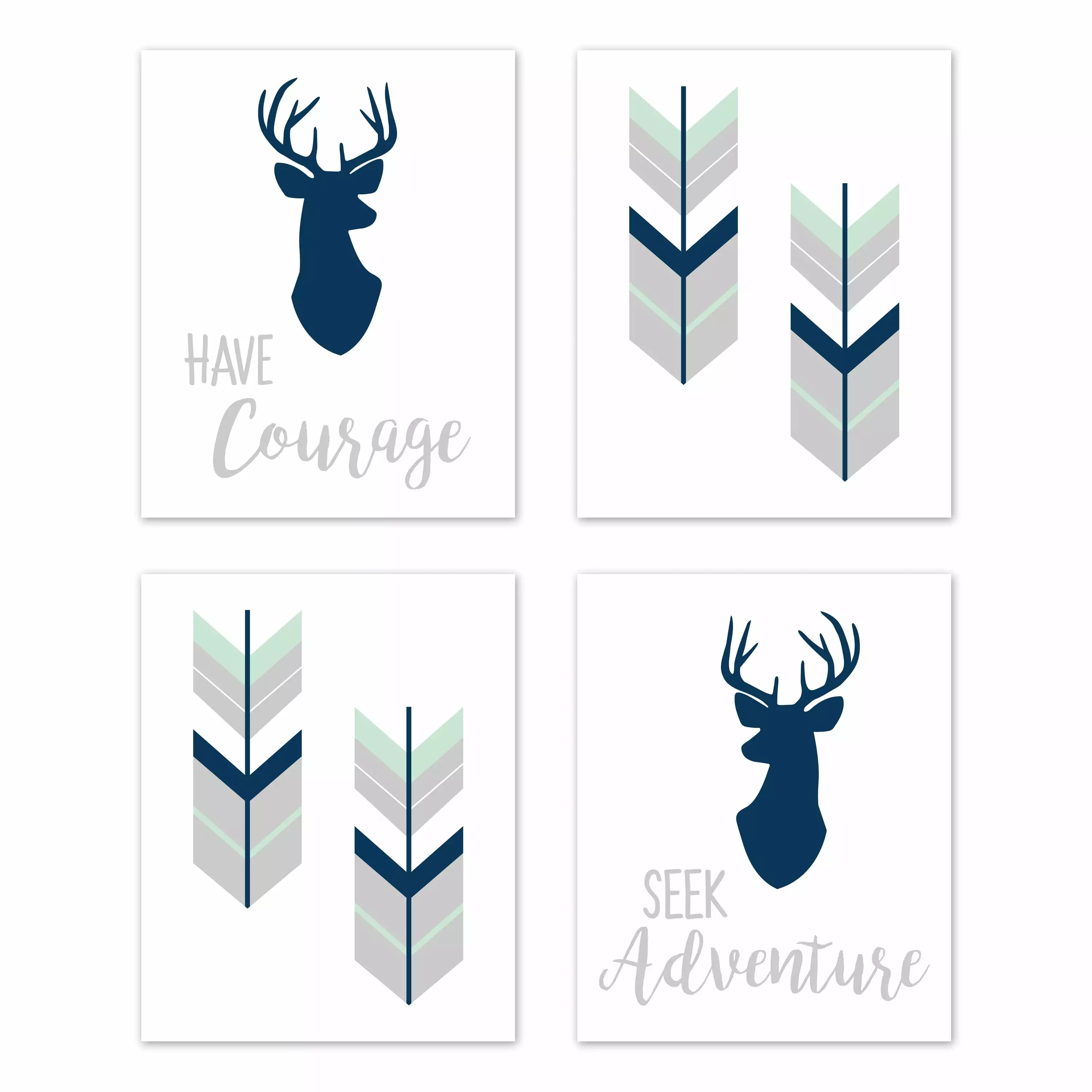 Sweet Jojo Designs Navy Blue Mint Gray Woodland Deer Woodsy Collection Wall Decor Art Prints (Set of 4) - Adventure