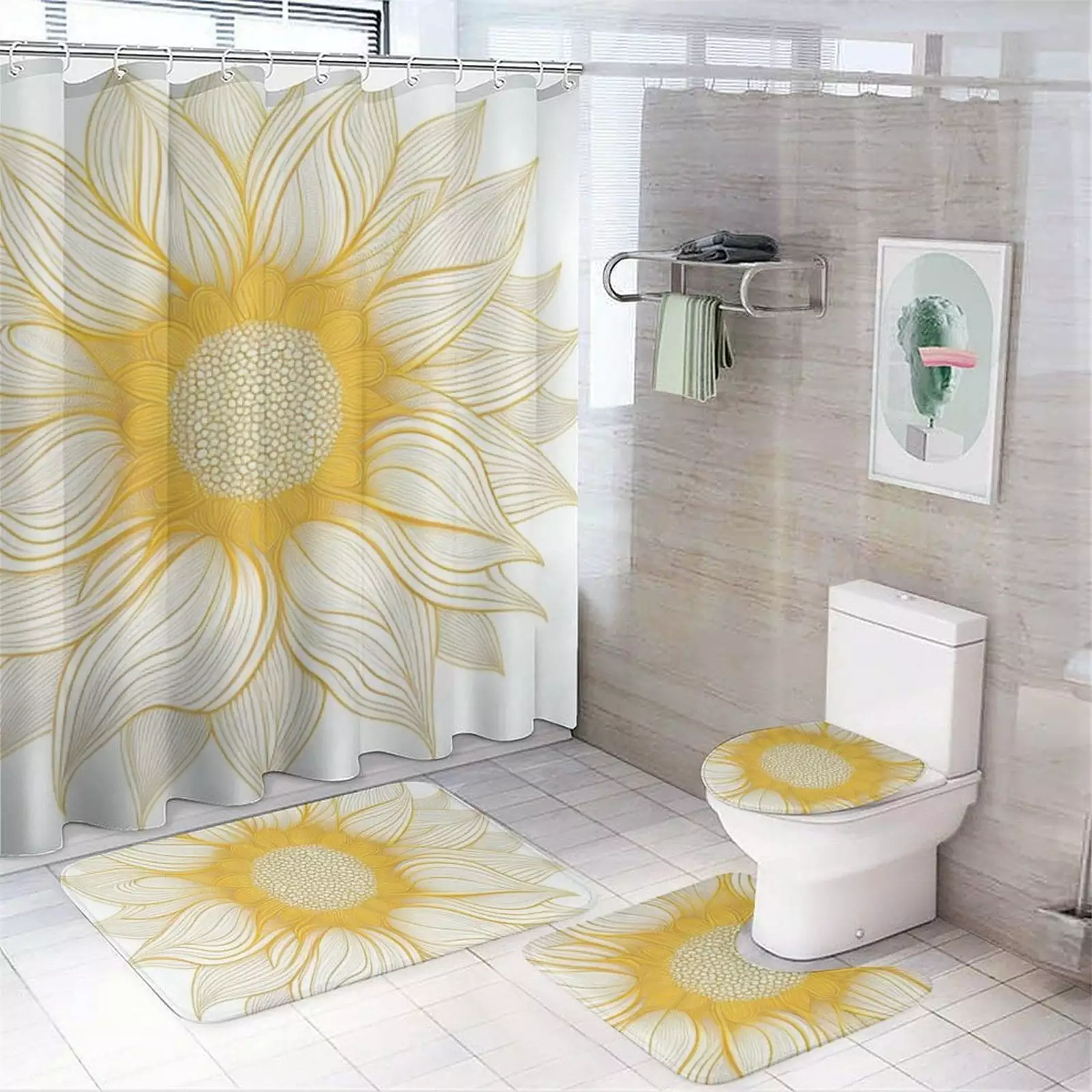 Flower Yellow Waterproof Shower Curtain and Carpet Bathroom Decoration 4-Piece Set with 12 Hooks 72 X72