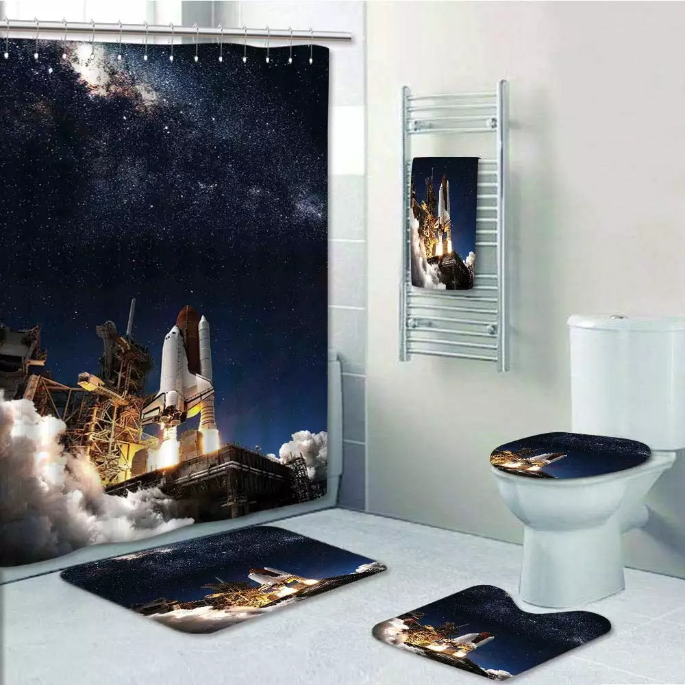 PRTAU Galaxy Shuttle on Take Off Discovery Mission to Explore Galaxy Spaceship Solar Adventure 5 Piece Bathroom Set Shower Curtain Bath Towel Bath Rug Contour Mat and Toilet Lid Cover