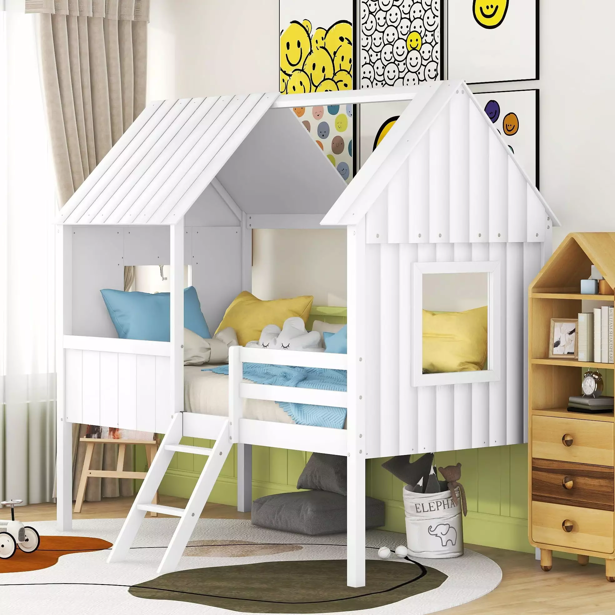 Bellemave Twin Size Low Loft Bed with Two Side Windows.Wood Loft Bed.Twin Size House Bed Frame for Kids.Girls.Boys(White)