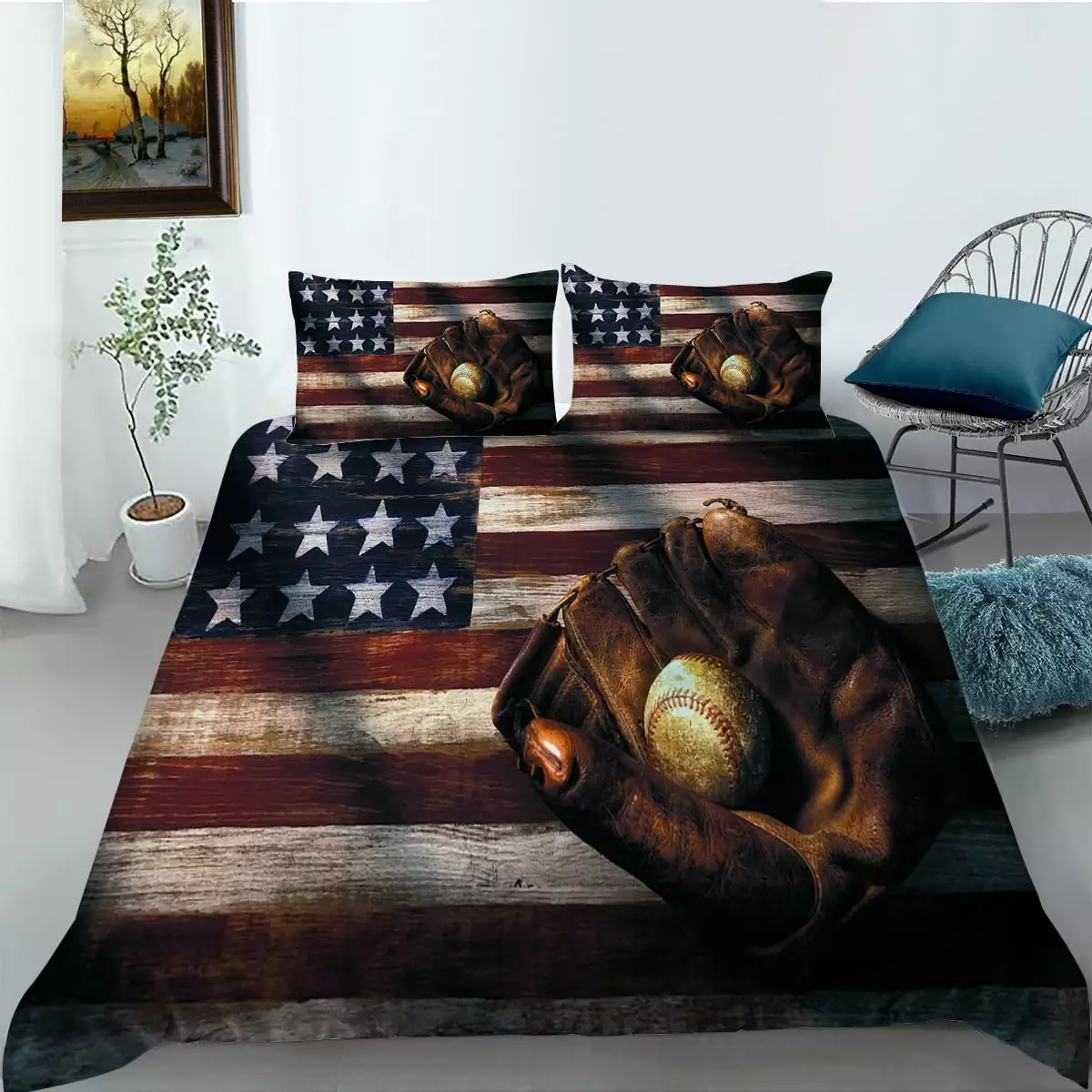 3D Flag and Baseball Printing Duvet Cover Set Soft Bedding Set Comforter Cover Set.Queen (90x90)