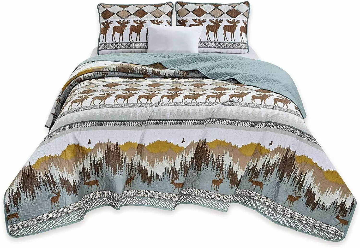 Chezmoi Collection Wilderness Wildlife Moose Bear Microfiber Quilt Bedspread Coverlet Set. King. 3-Piece