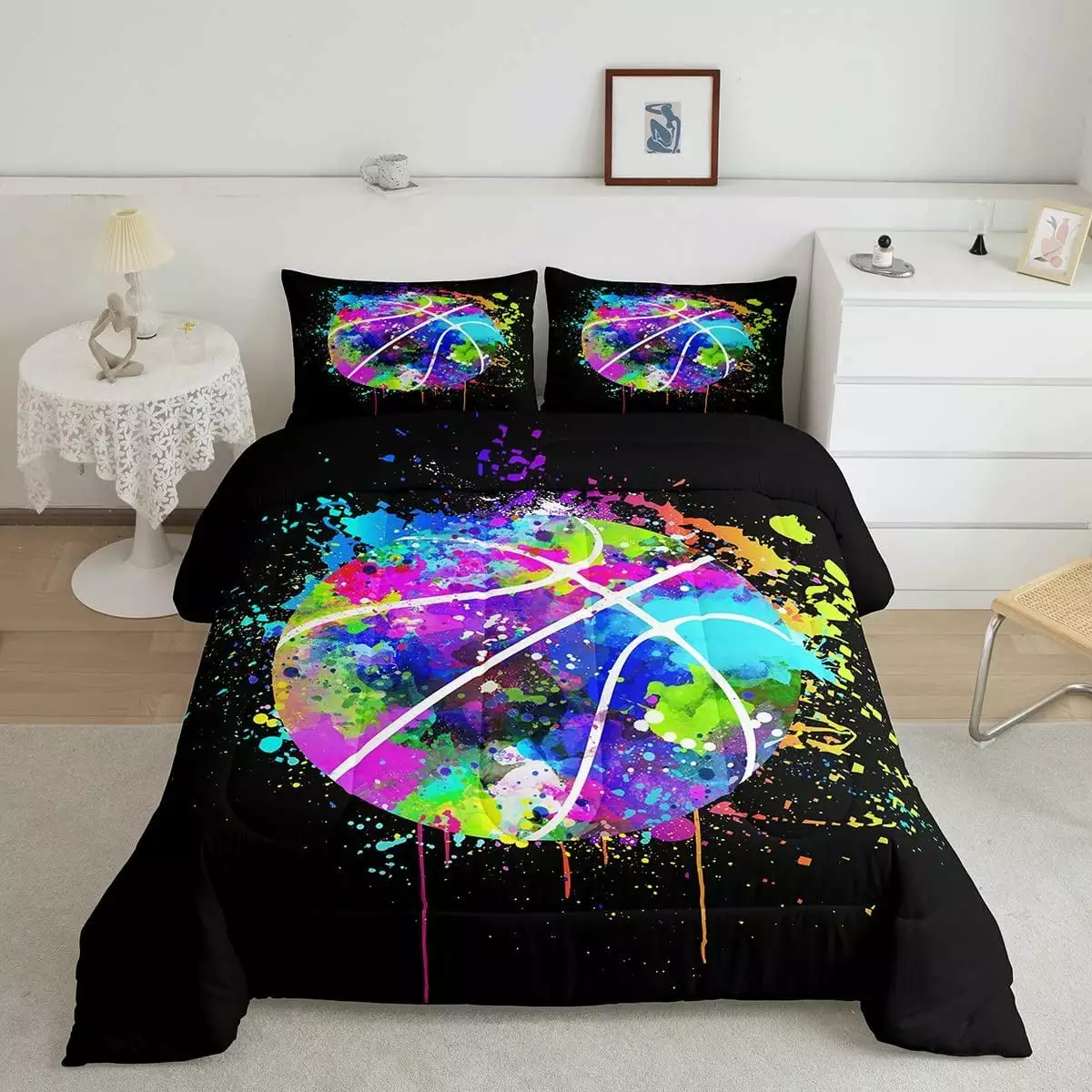 Basketball Comforter Set for Boys Girls Kids Teens.3-Pieces Watercolor Tie-dye Bedding Comforter Full Size.Color Graffiti Hip Hop Style Printed Quilt Set with 2 Pillowcases