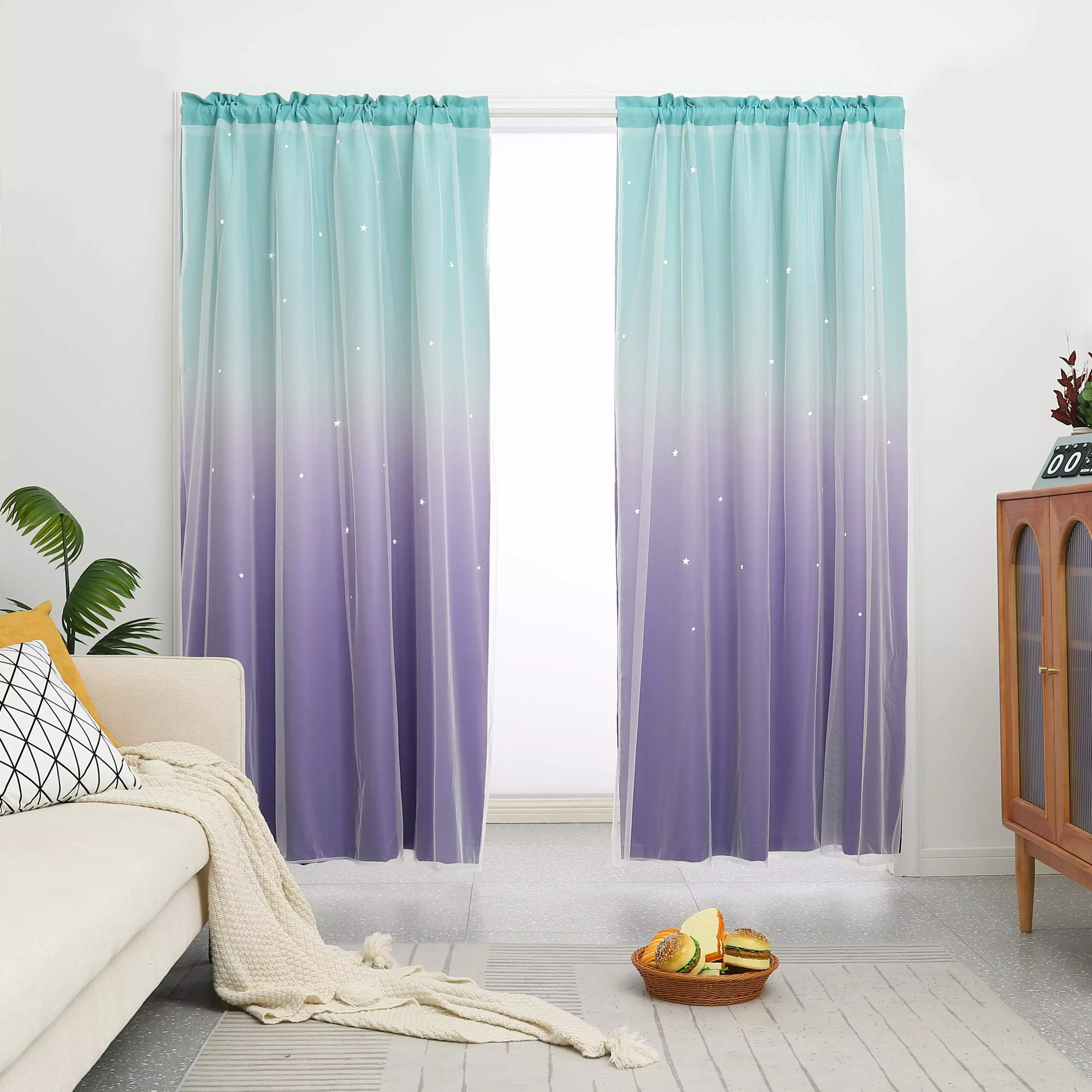 Star Cutout Blackout Rod Pocket 2 Piece Curtain Set With Sheer Overlay For Kids Bedroom Decor 63 PURPLE TURQUOISE