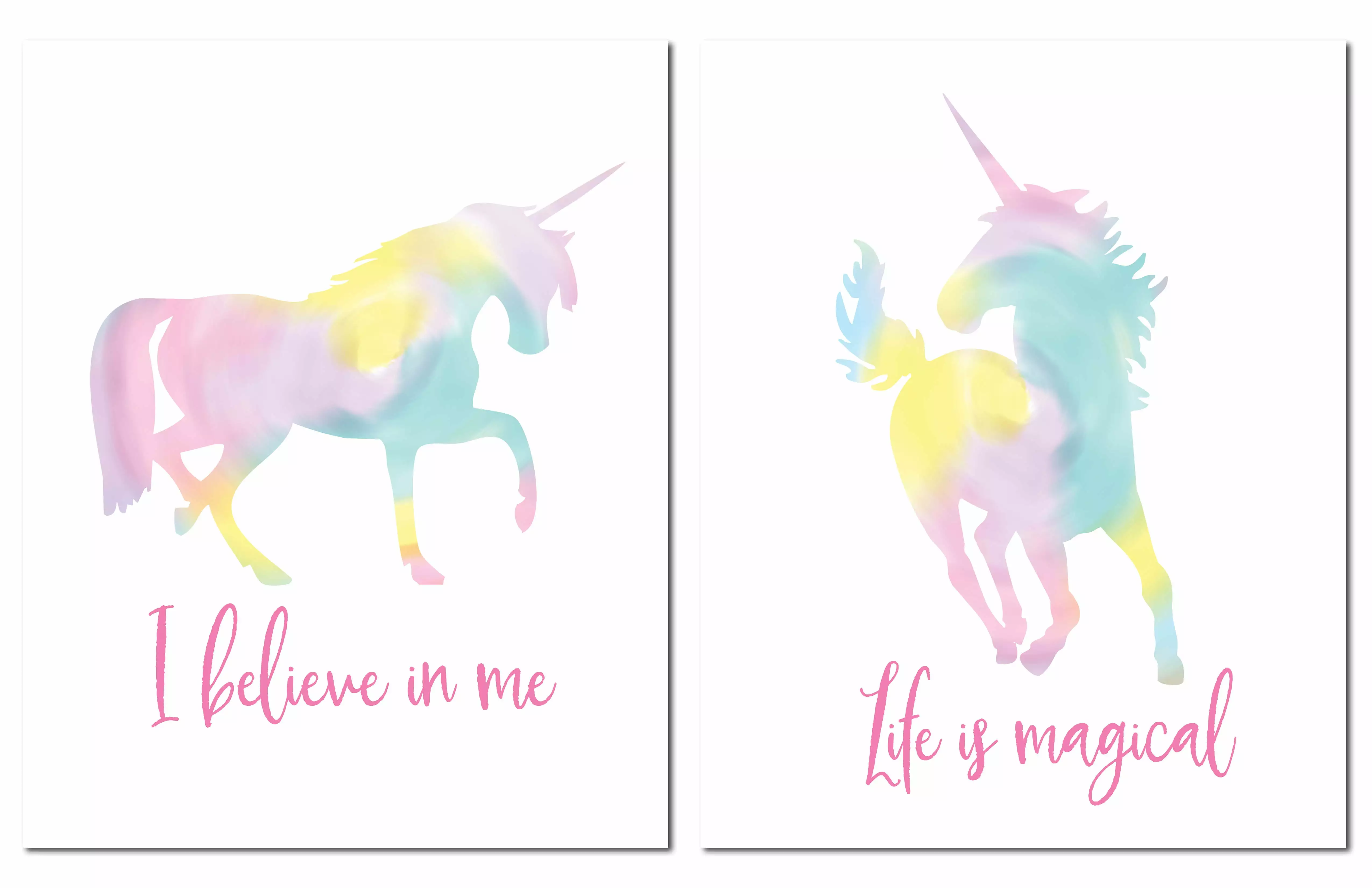 Gango Home Decor Pink and Yellow Watercolor Unicorn Teen Portrait Decor; 2-11x14 Unframed Posters