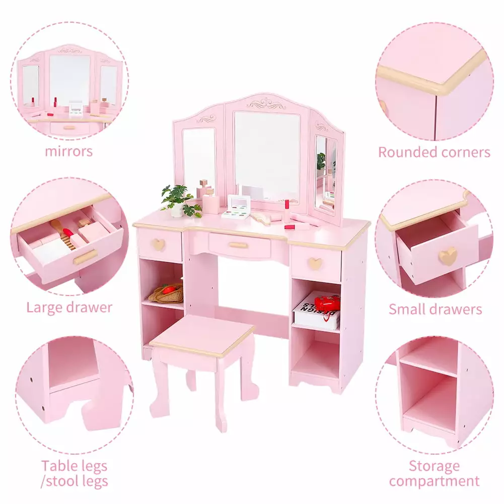 Girls Vanity Sets with Mirror. Drawer. Chair. Princess Makeup Dressing Table. Perfect Gifts for Kids