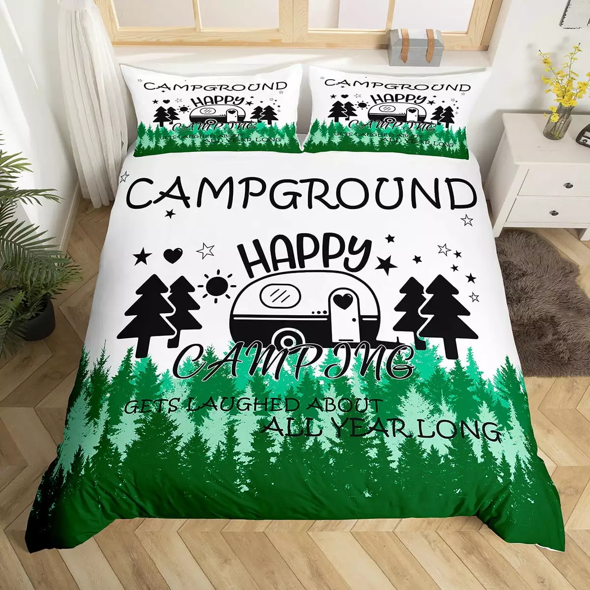 YST Happy Camping Bedding Set Twin for Family Boys Girls Camper Duvet Cover. Rustic Farmstyle Comforter Cover Western Bedroom Decor. Green Pine Print Camper Bedding with 1 Pillowcase