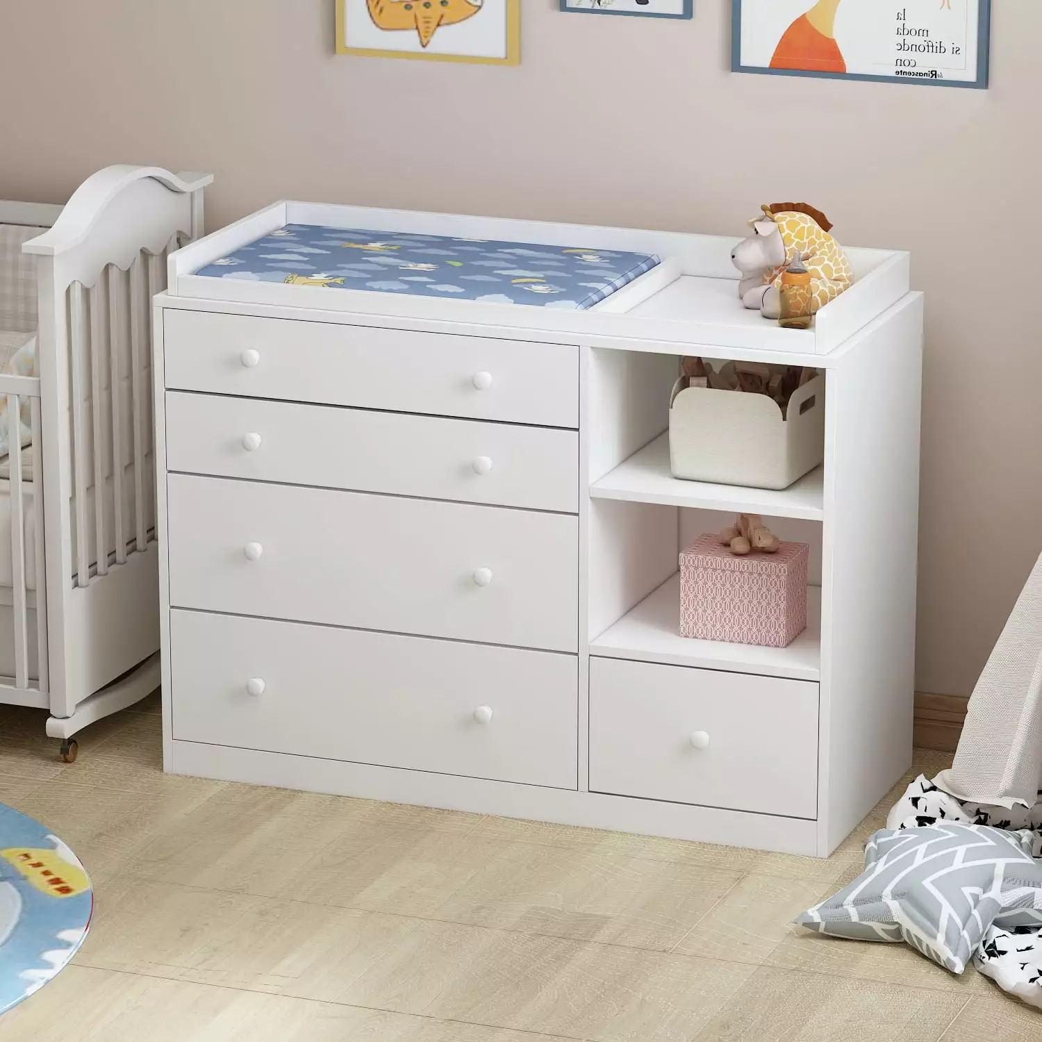 AIEGLE White Baby Dresser with Changing Table and 5 Drawers Baby Organizer Dresser Chest