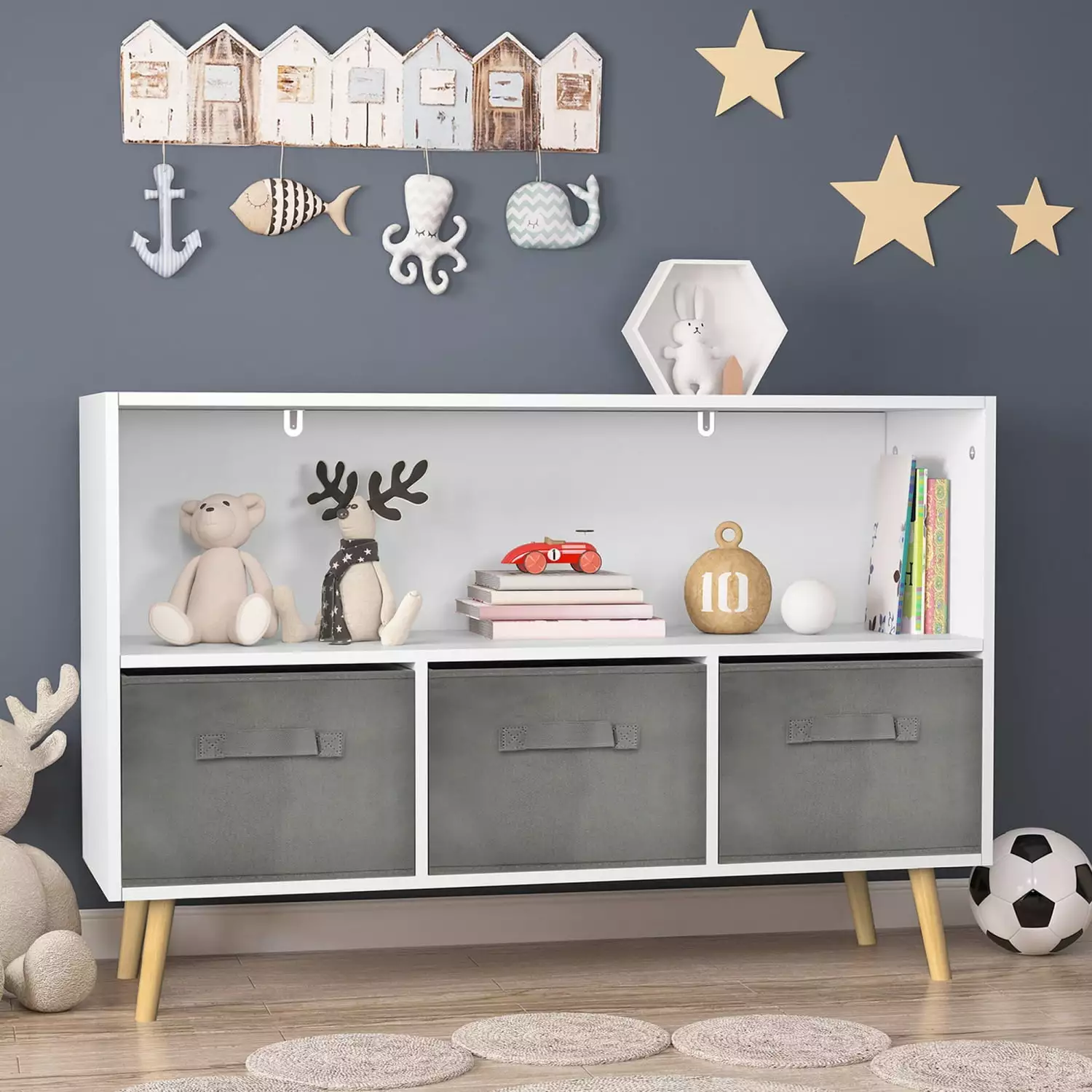 GZXS Toy Storage Organizer. Kids Bookshelf with Collapsible Fabric Drawers and Pine Legs. Perfect for Organizing Toys and Books in Playroom. Nursery or Children's Room (Gray and White)