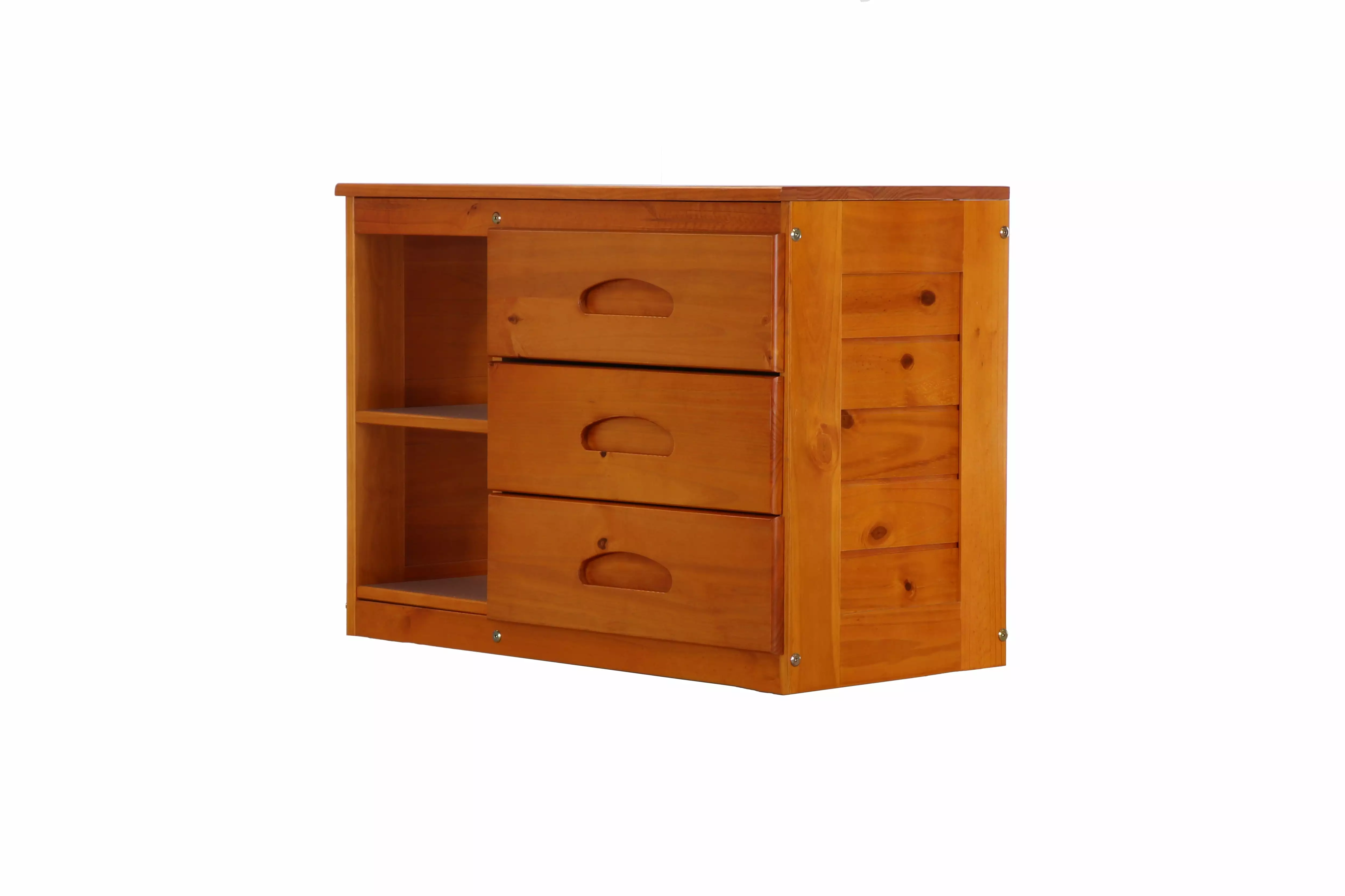 Discovery World Furniture Kids 3 Drawer Bedside Chest with Shelves in Honey