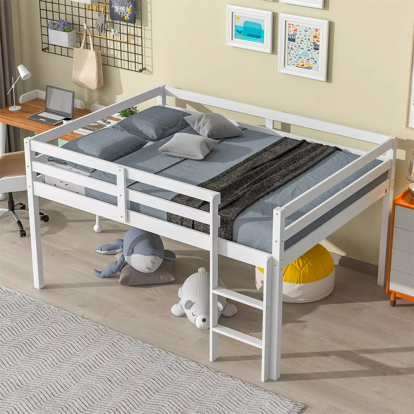 Full Size Loft Bed for Kids and Toddlers. Full Wood Loft Bed with Safety Guard Rail and Ladder. Low Loft Bed Frame. No Box Spring Needed. Easy Assembly. Space Saving Loft Bed for Bedroom. White