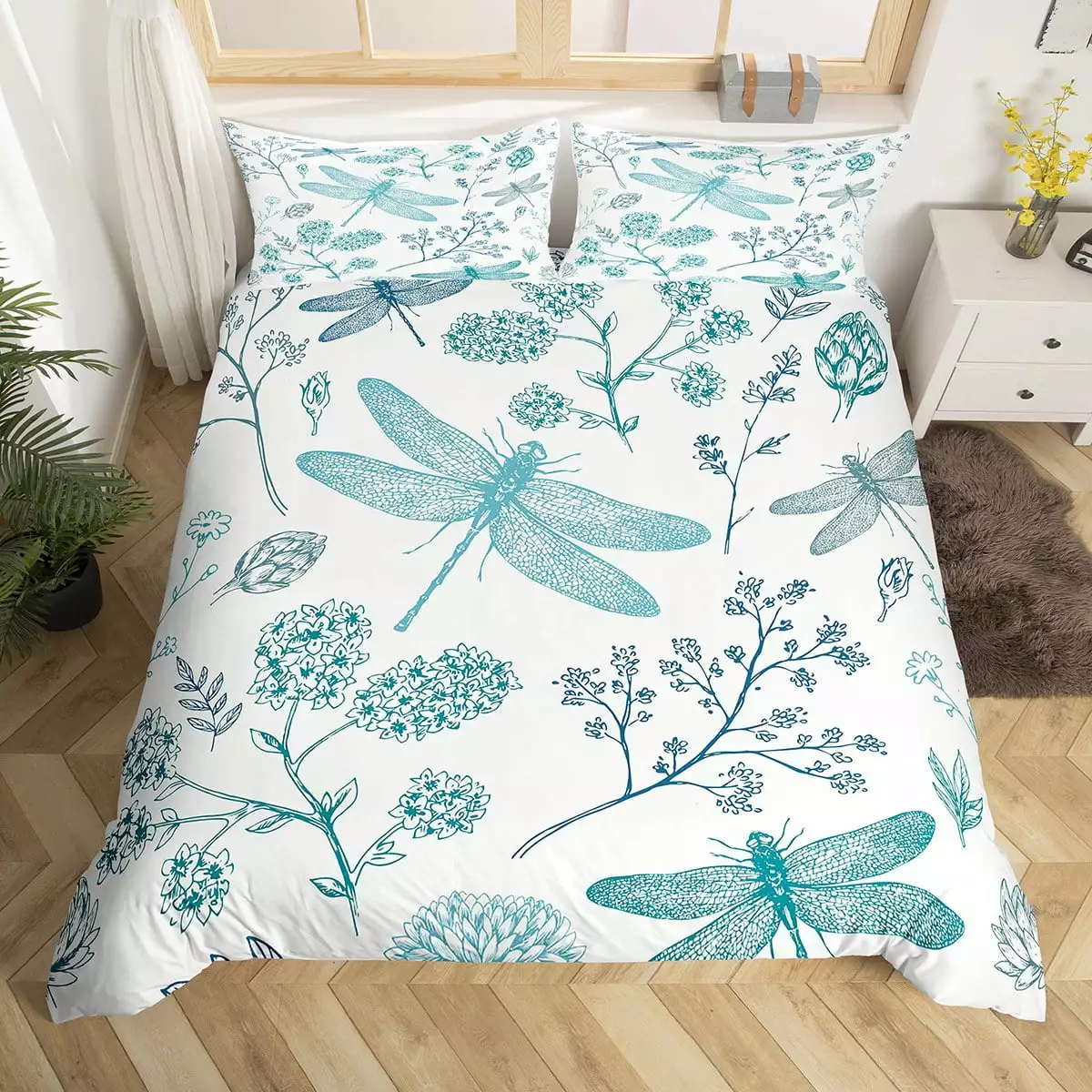 YST Dragonfly Duvet Cover Twin.Girls Teal Hydrangea Dragonfly Bedding Set Gifts For Women Nature Floral Botanical Comforter Cover Wildflowers Plant Animal Decor Quilt Cover 1 Pillow Case