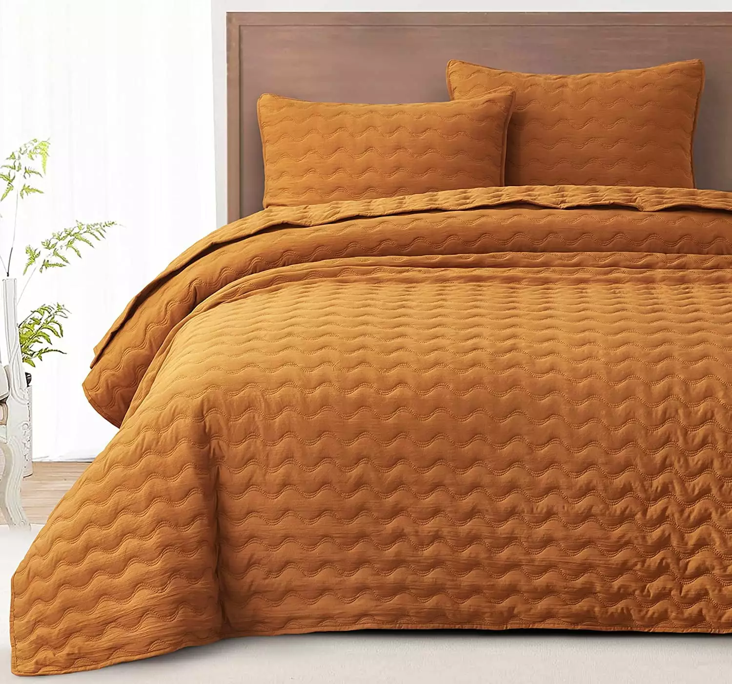 Chezmoi Collection Destiny 3-Piece Spice Queen Size Quilt Set - Stone-Washed Soft Microfiber Lightweight Quilted Bedspread Coverlet Set for All Seasons Wavy Line Stitching