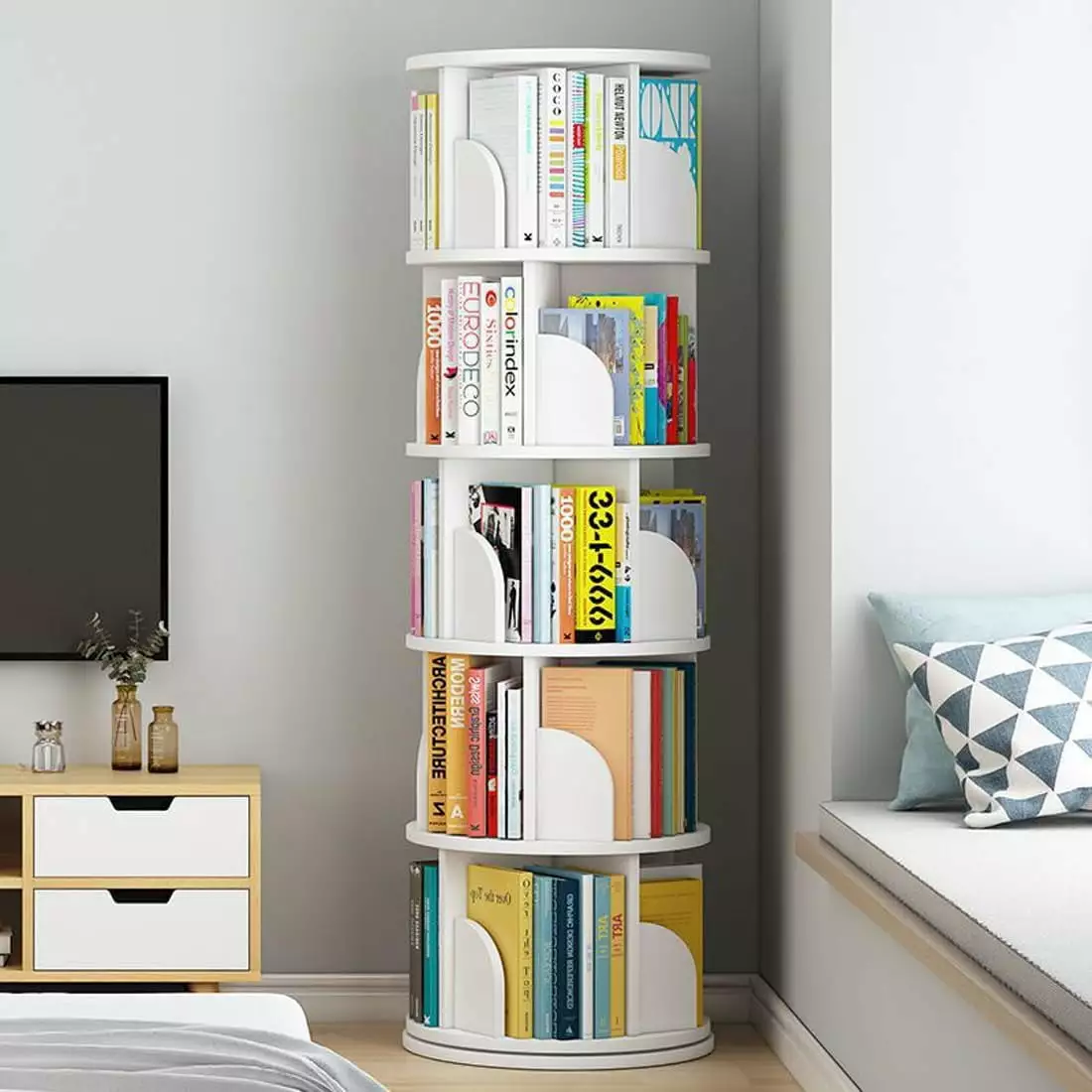 bimiti 5 Tier Rotating Bookshelf. 360?? Revolving Bookcase 20 Shelves Floor-Standing Storage Display Rack - White 63x18x18