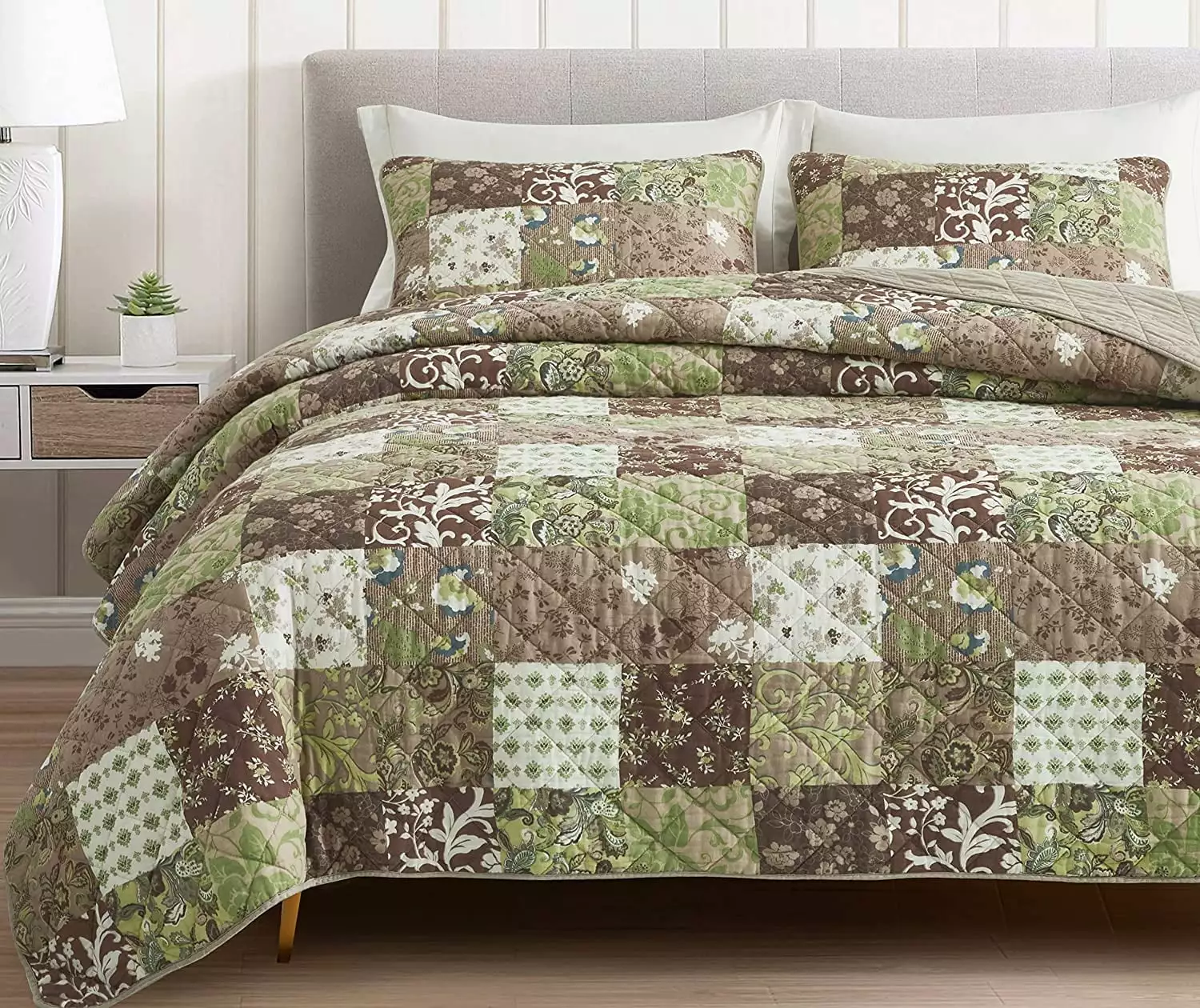 Chezmoi Collection Leilani 3-Piece Boho Washed Cotton Quilt Set Queen Size - Bohemian Quilted Bedding Brown Taupe Green White Floral Printed Patchwork Lightweight Bedspread Set for All Season