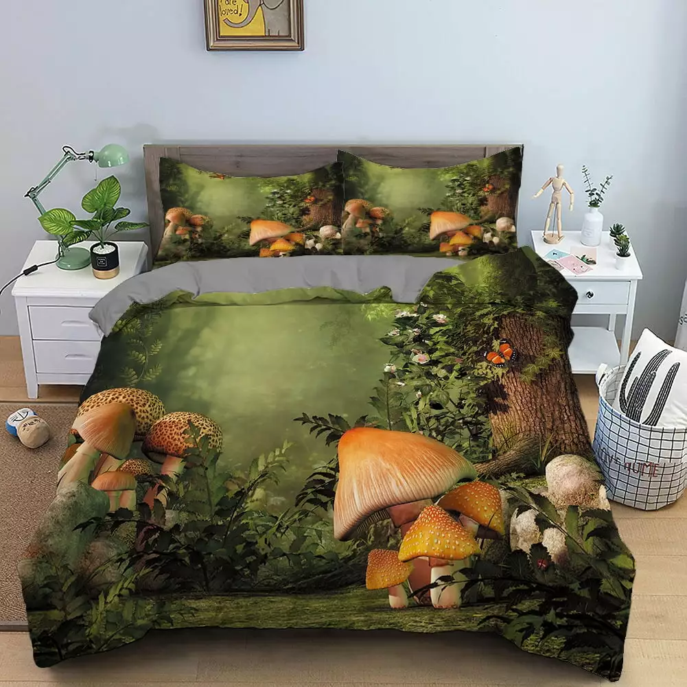 Mushroom Woods Print Full Size Bedding Comforter Sets for Bedroom Kawaii Cute Quilt Covers Quilt Bedding Sets 3-Piece 1 Duvet Cover & 2 Pillow Shams